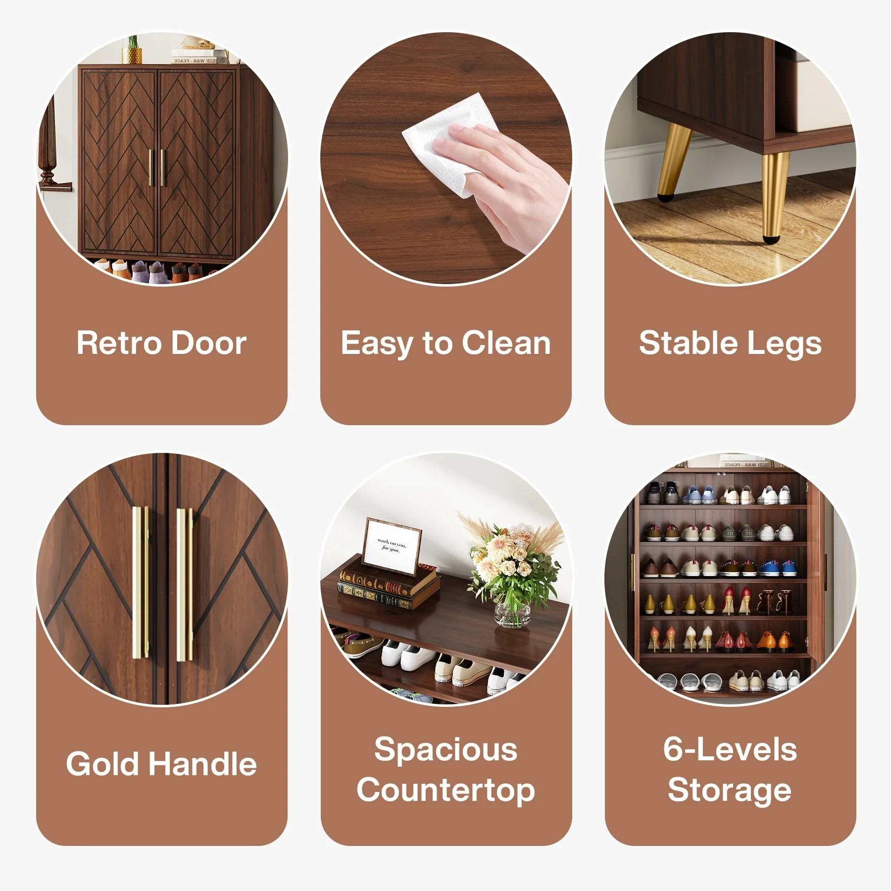 Walnut Shoe Cabinet, 6-Tier Wooden Shoe Organizer with Stable Leg