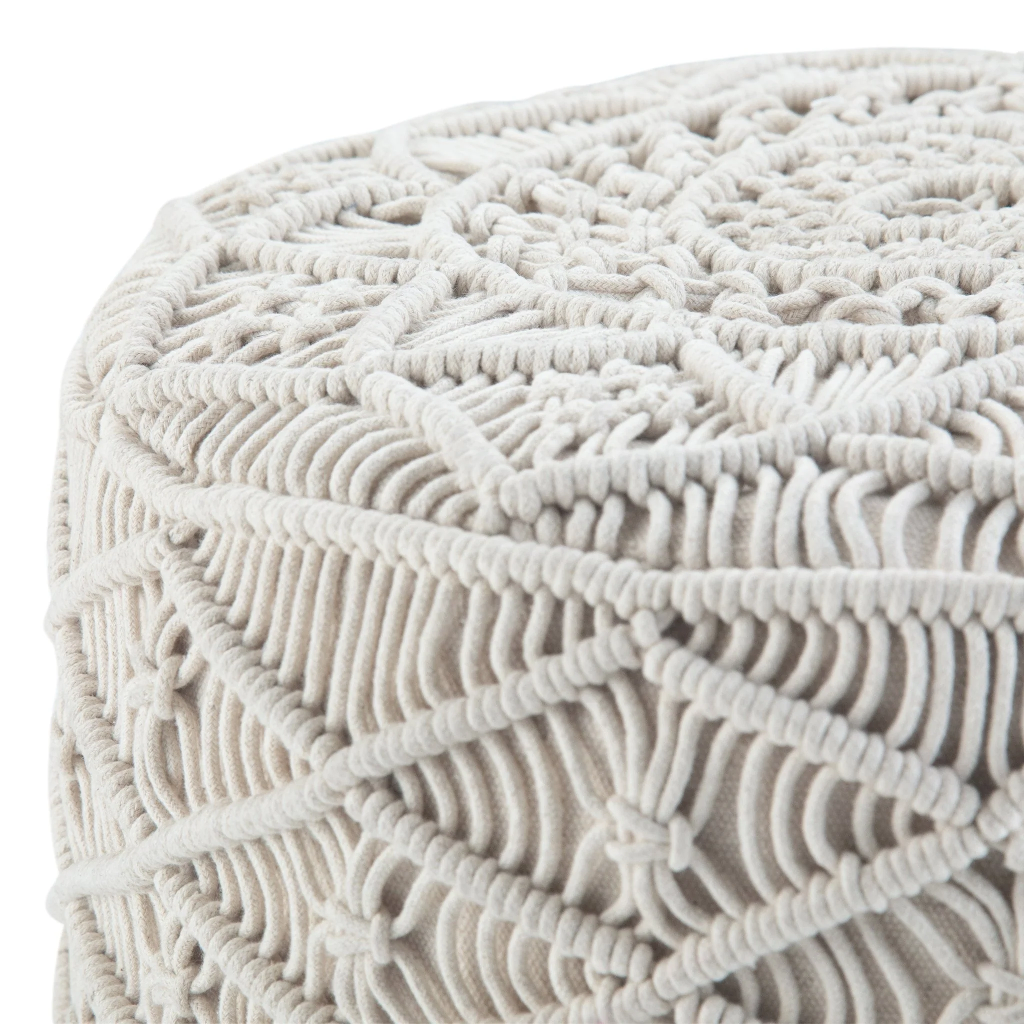 Round Pouf with Macramé Woven Natural Pattern