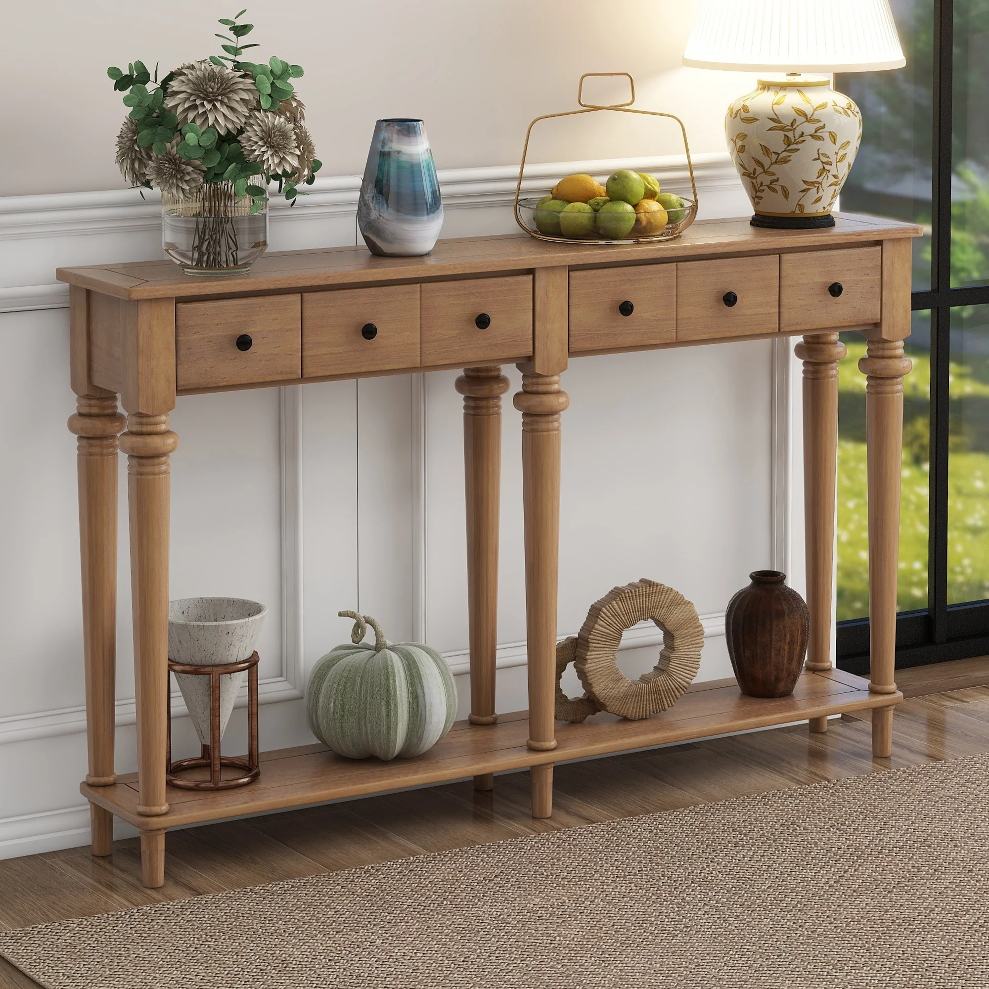 Console Table with 4 Drawers and Open Shelf