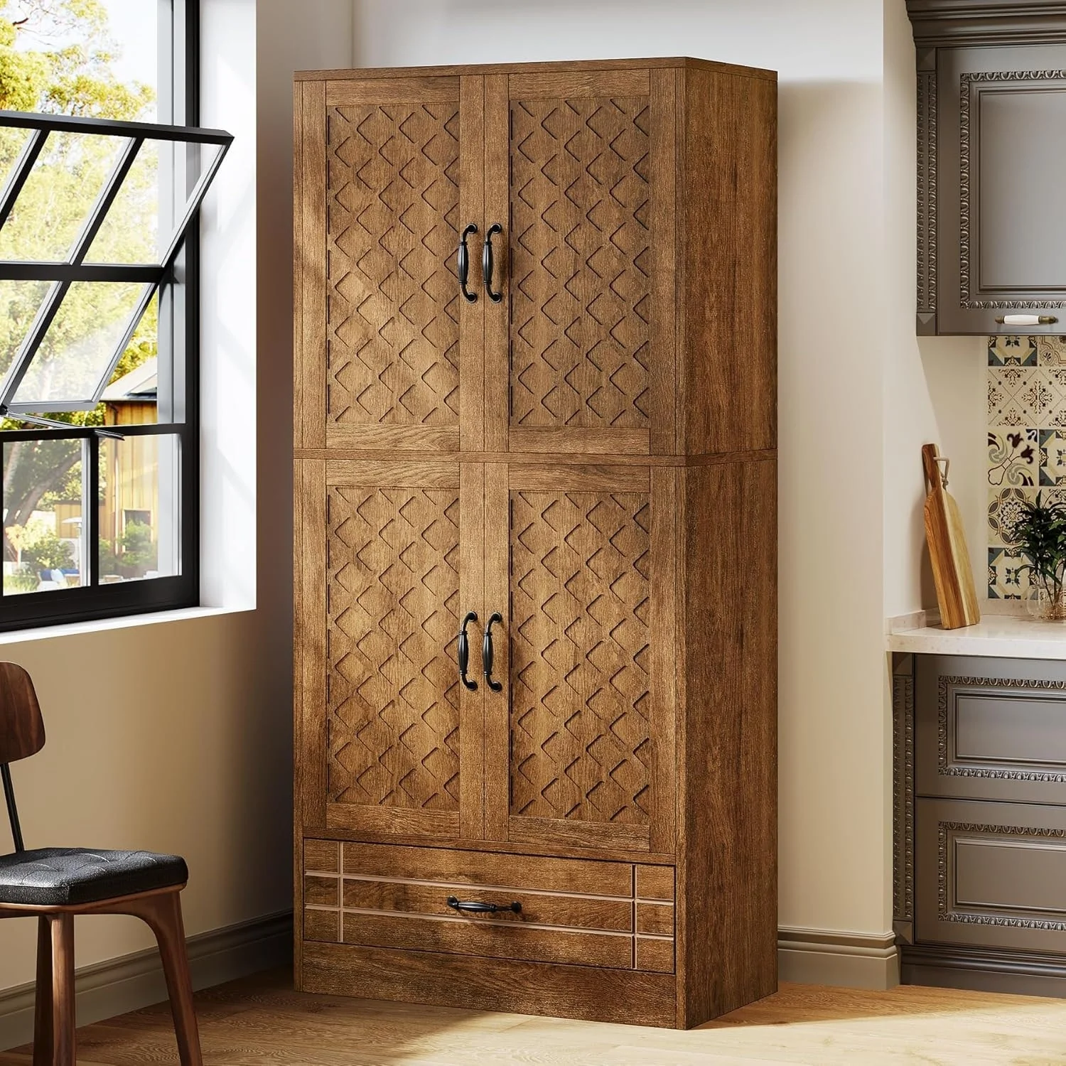 70-Inch Kitchen Pantry Cabinet, Tall Bakers' Rack Kitchen Cabinet with Doors and Drawer - N/A