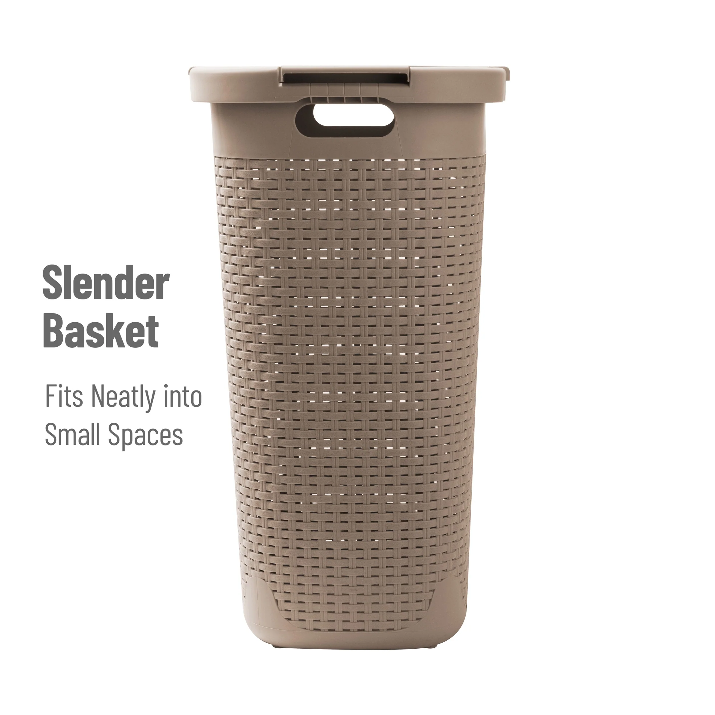 Mind Reader 60L Slim Laundry Hamper, Clothes Basket, Lid, Wicker Design, Plastic, 17.65