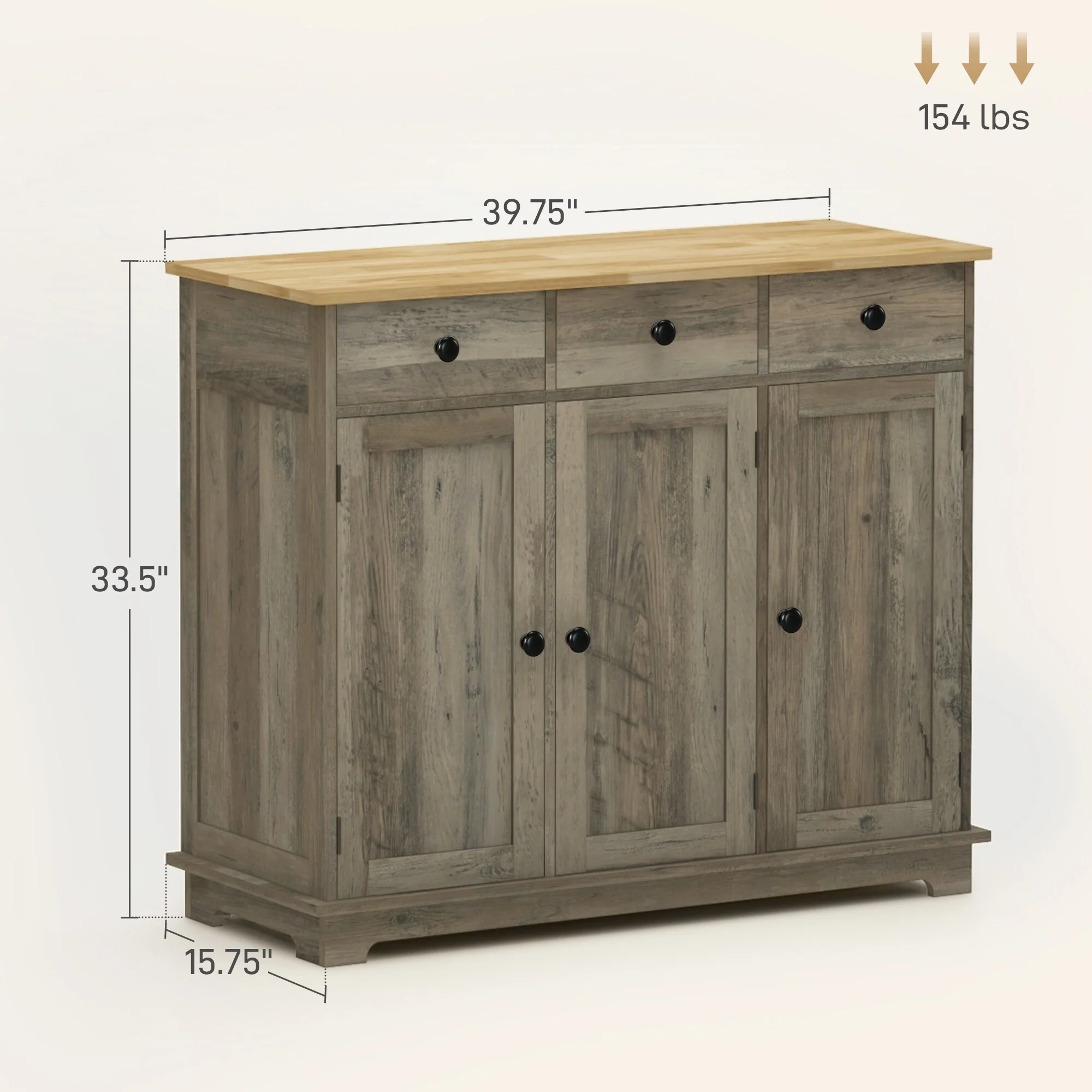 HOMCOM Sideboard with Solid Wood Countertop, Modern Kitchen Storage Cabinet, Coffee Bar Cabinet with 3 Drawers