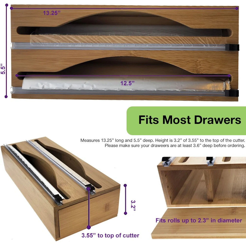 Luxe Bamboo Plastic Wrap/Wax Paper/Aluminum Foil Dispenser for Drawer or Wall Mountable - Cling Wrap / Tin Foil Kitchen Holder
