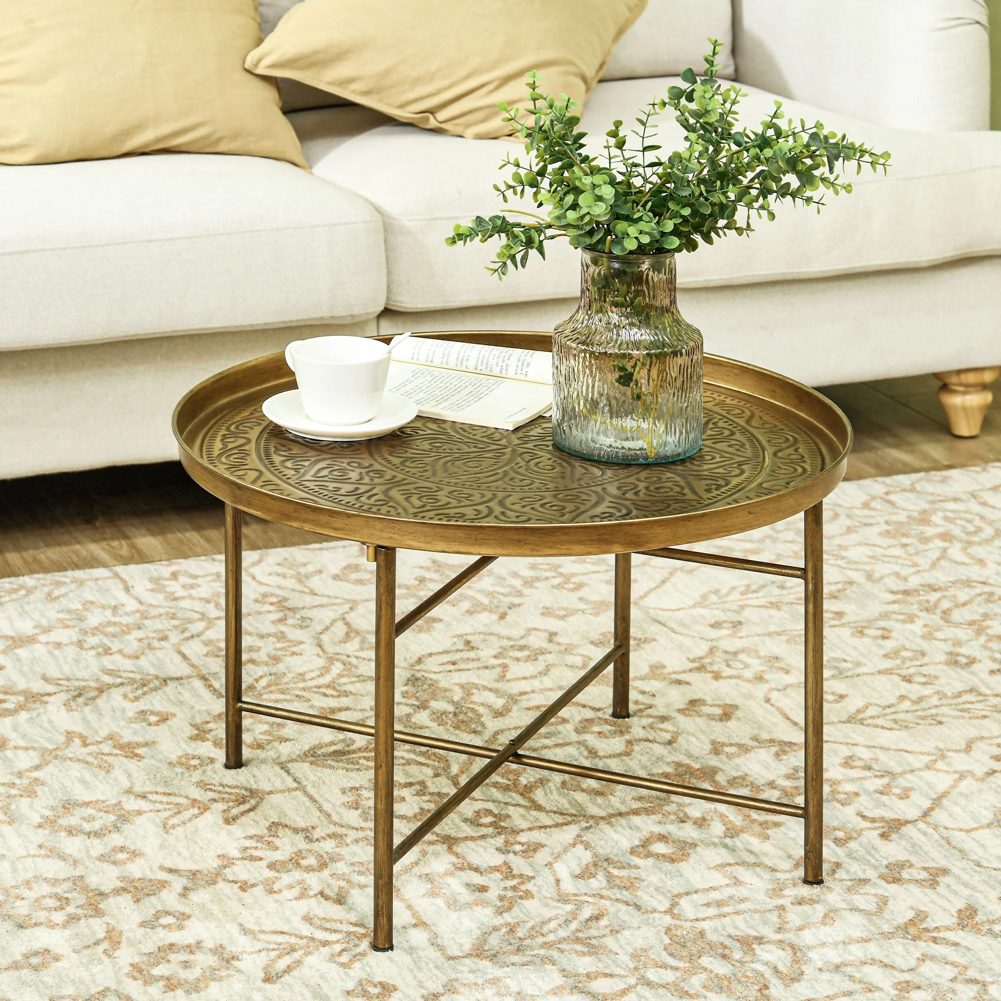 Round Coffee Table with Hammered Tray Top and X-Shaped Metal Base