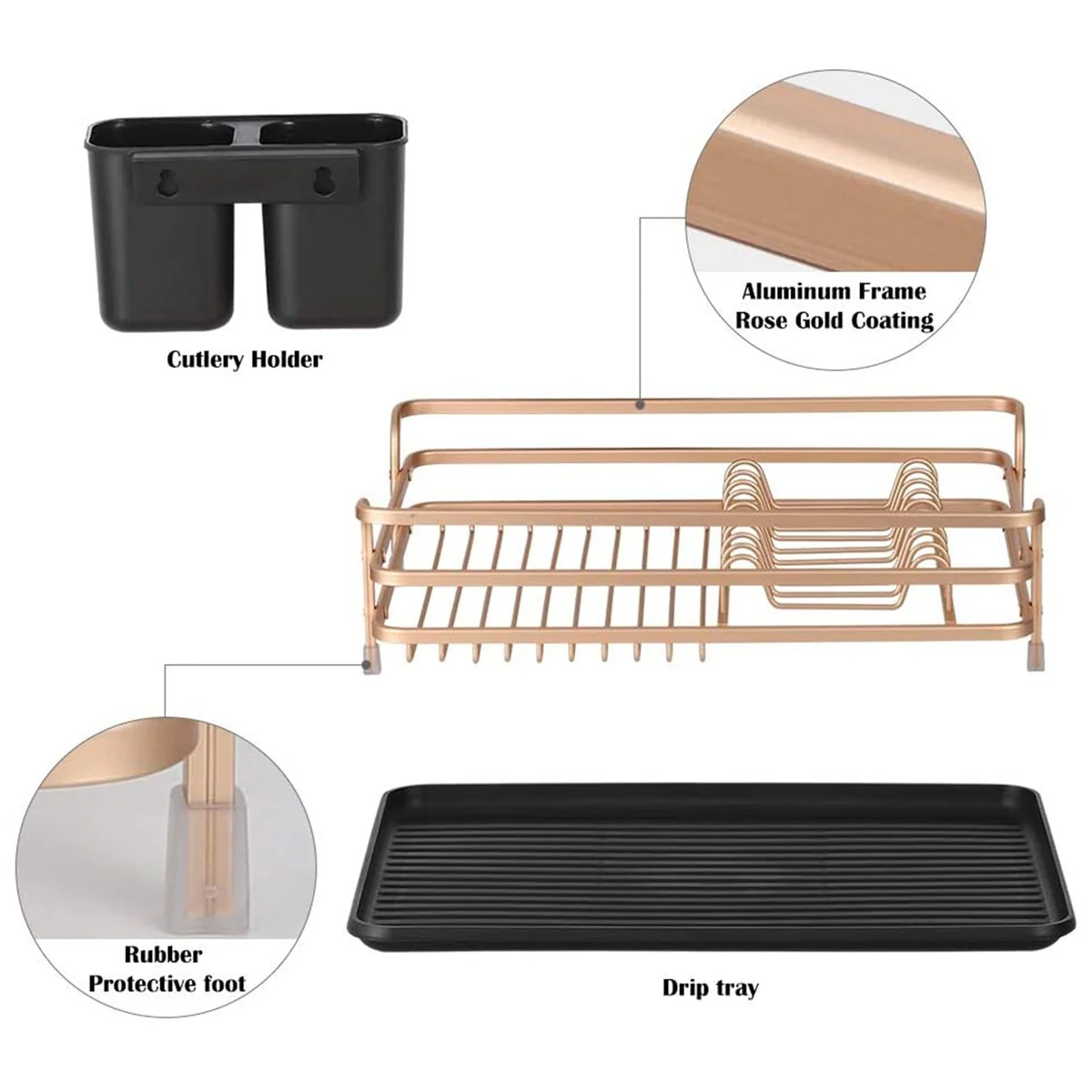 Aluminum Dish Drying Rack with Cutlery Holder, Rose Gold