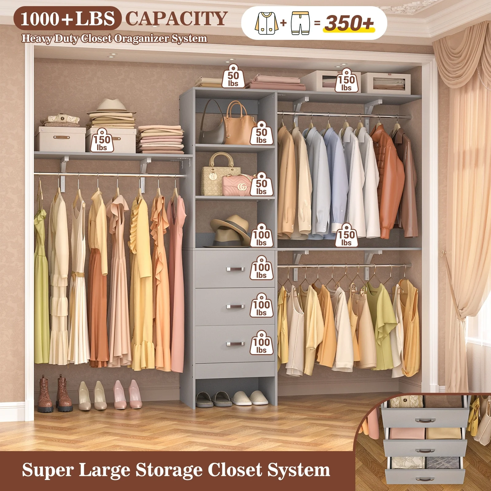 Rackcog 120'' Closet Organizer with Drawers, Closet System with DIY Shelves for Reach-in and Walk-in Closet