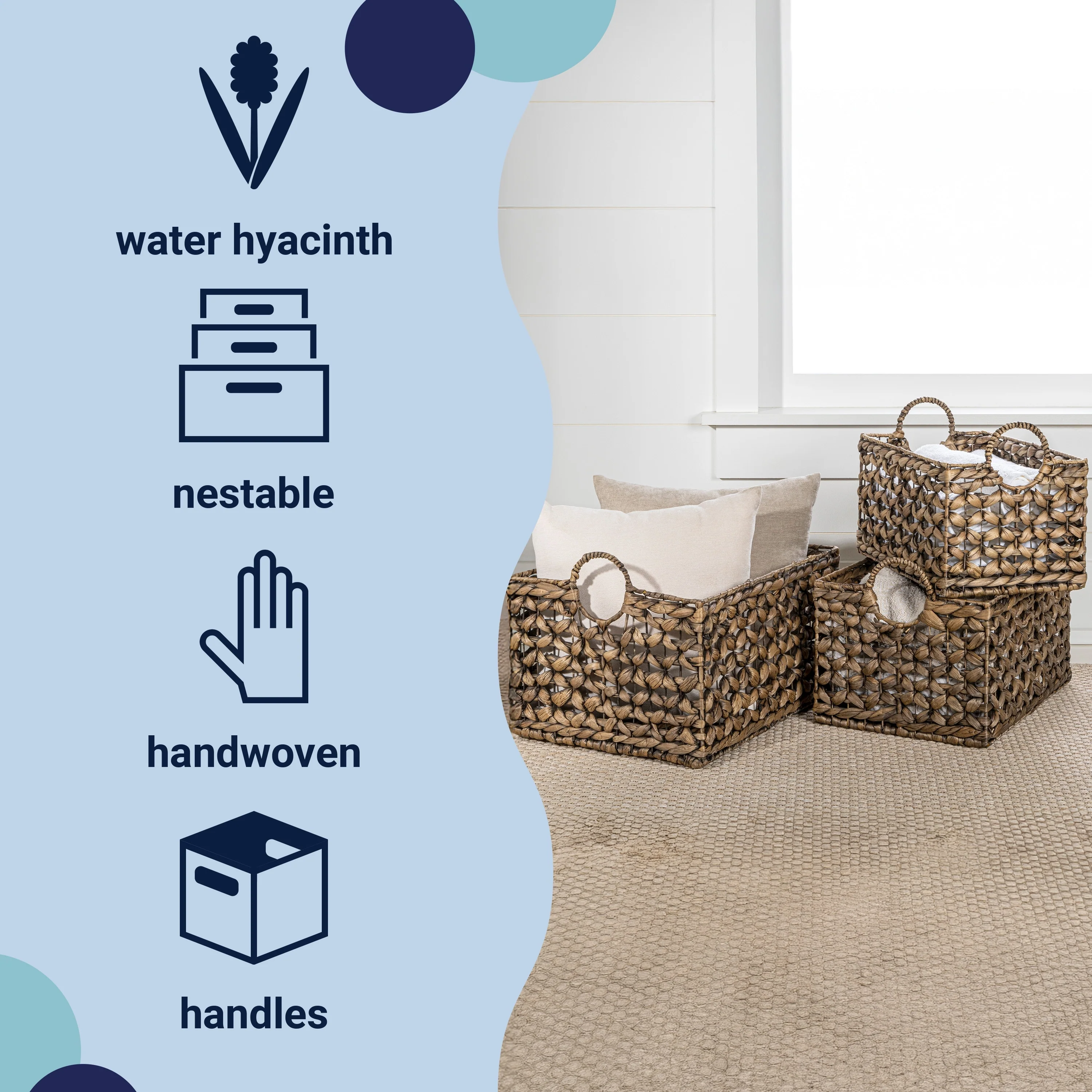 Woven Hyacinth Rectangular Storage Baskets with Handles (Set of 3)