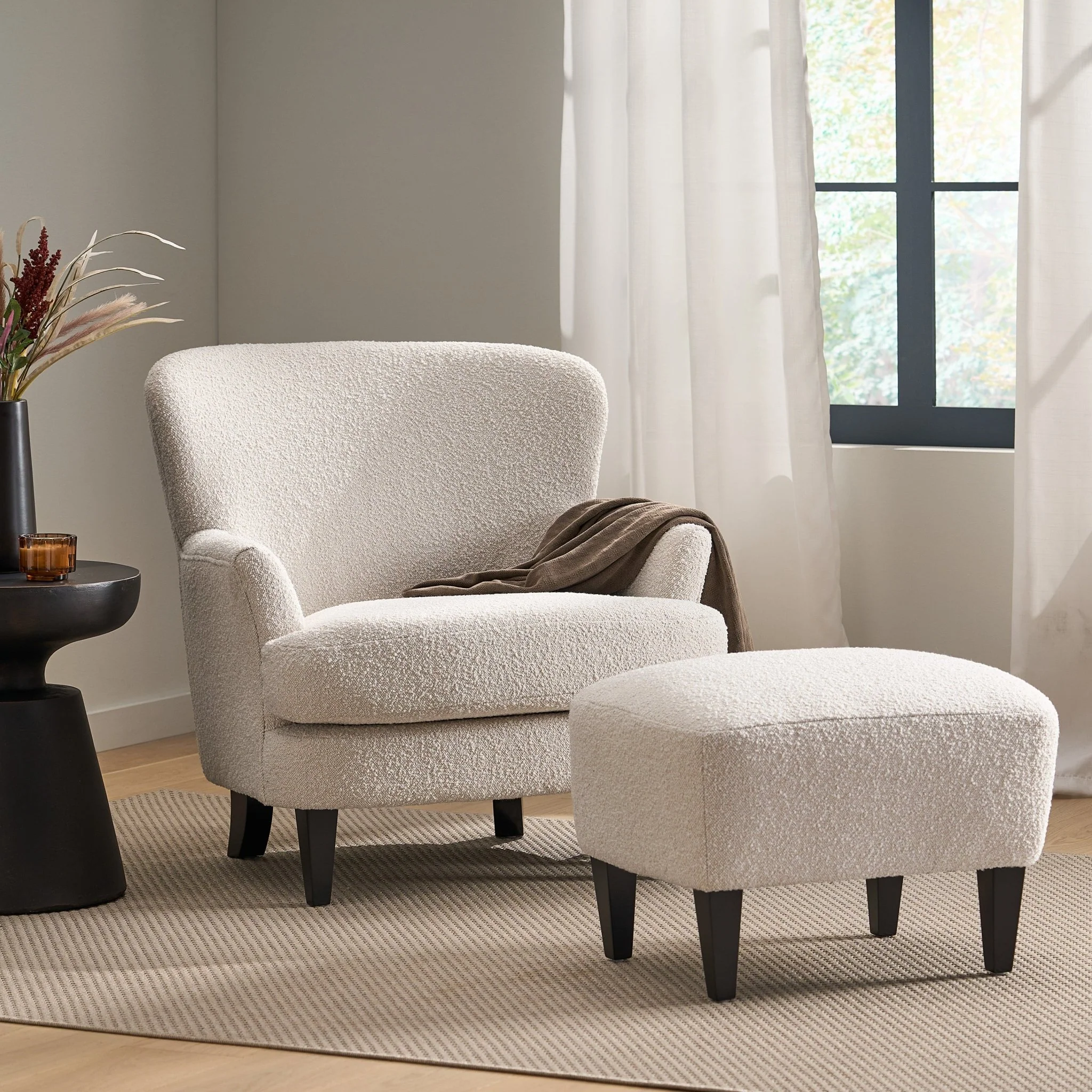 Boucle Fabric Upholstered Accent Chair with Ottoman