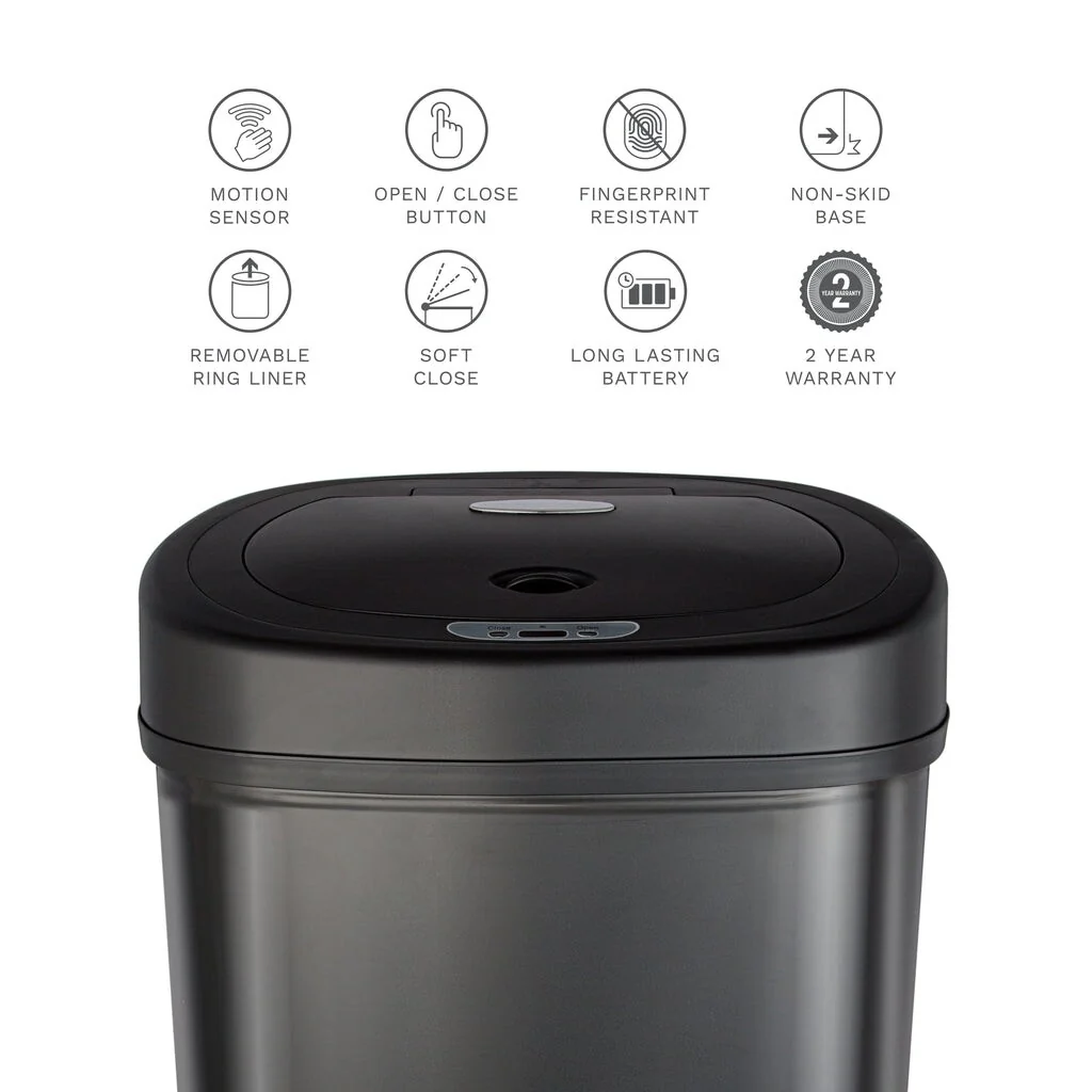 NINESTARS Oval Motion Sensor Trash Can 13.2 Gallon, Black Stainless Steel DZT-50-9BK