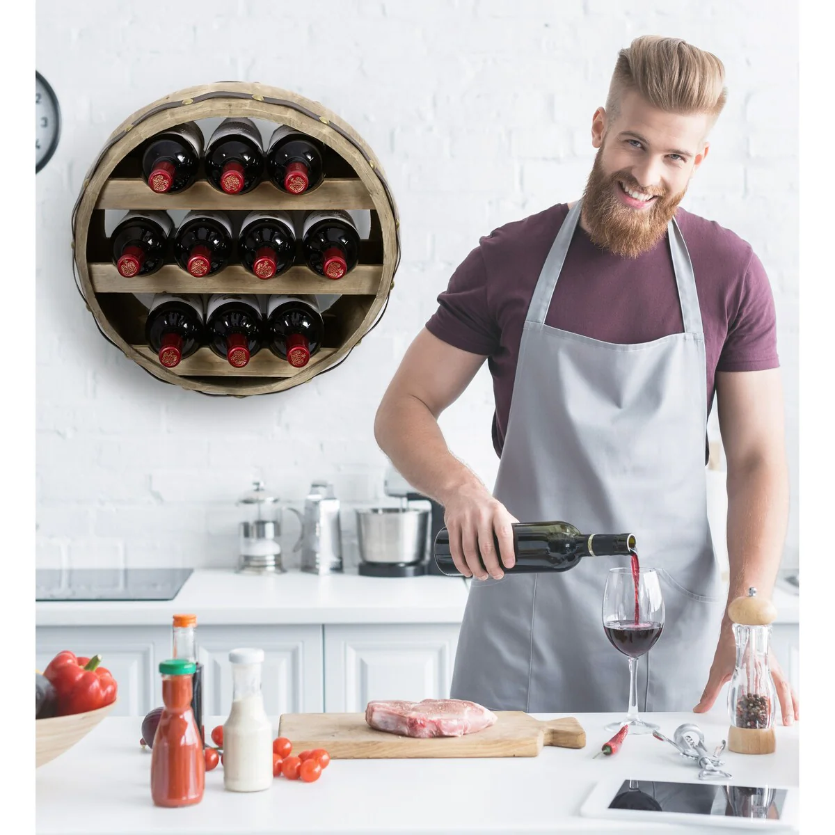 CoTa Global Barrell Wine Rack - Natural Wood Industrial Wall Mounted - 16″Lx16″Wx8″H