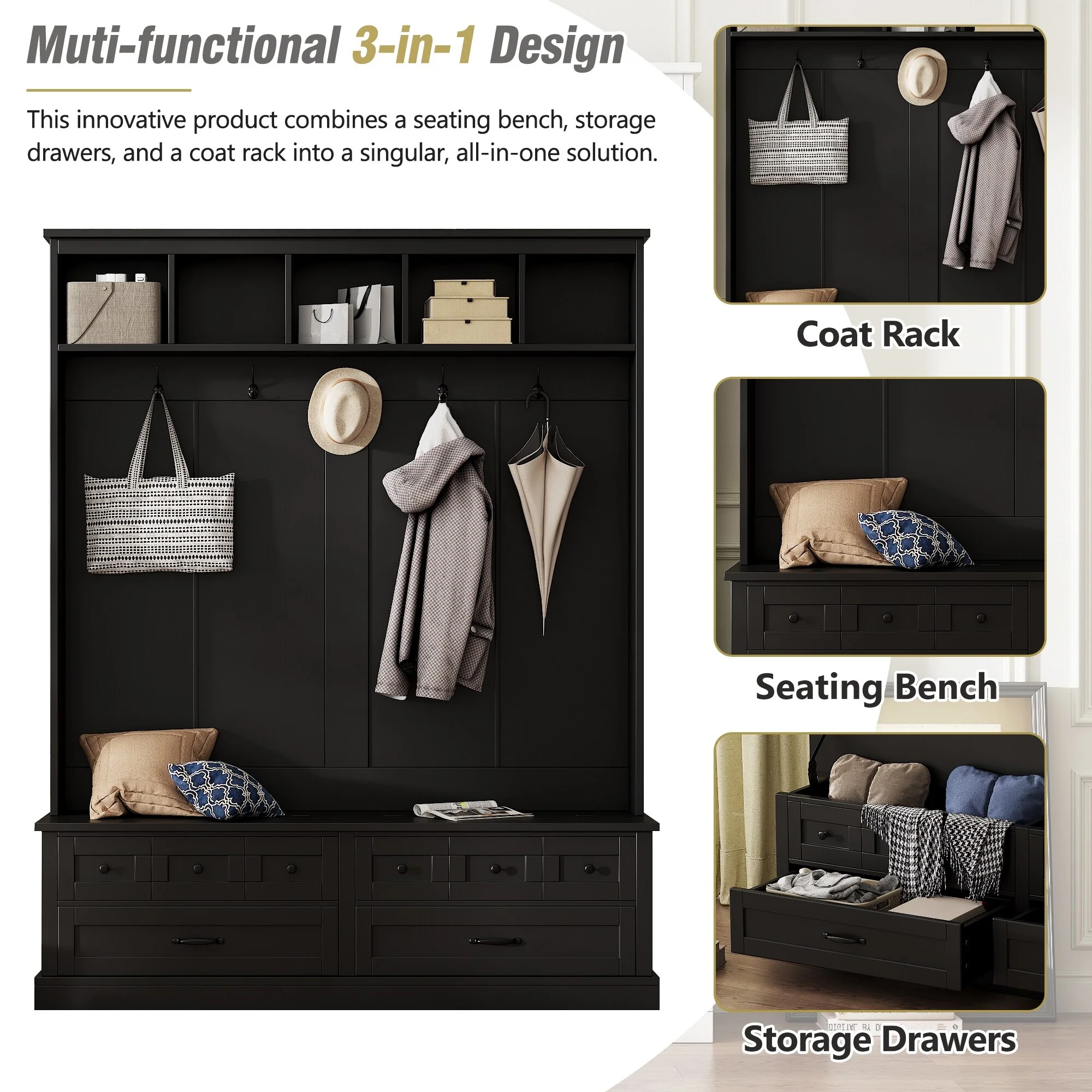 Elegant Wide Hall Tree with 5 Hooks, Versatile Entryway Lift Top Storage Bench with 2 Drawers