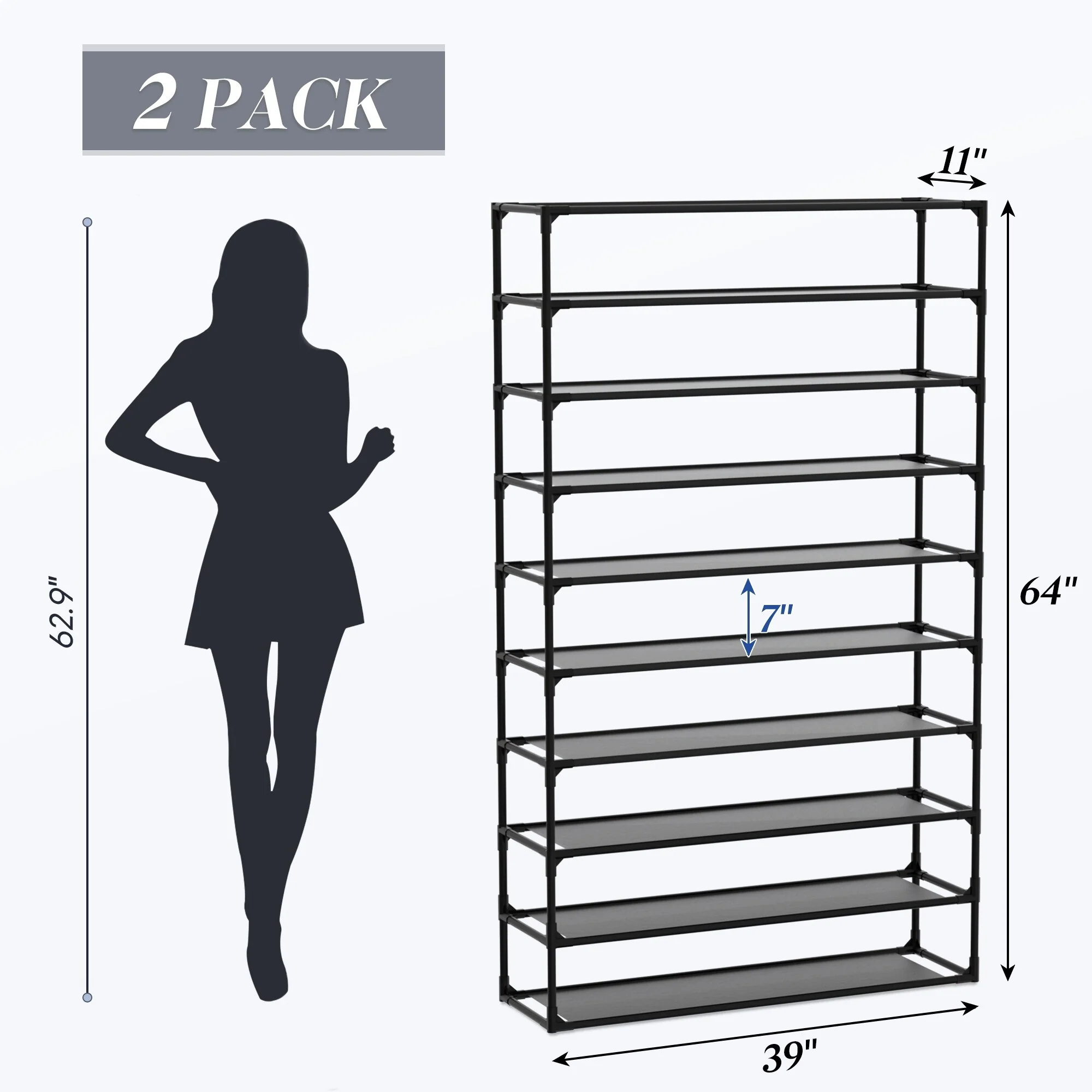Shoe Rack Detachable Non-Woven Waterproof Fabric Shoe Organizer Tower Black Set of 2