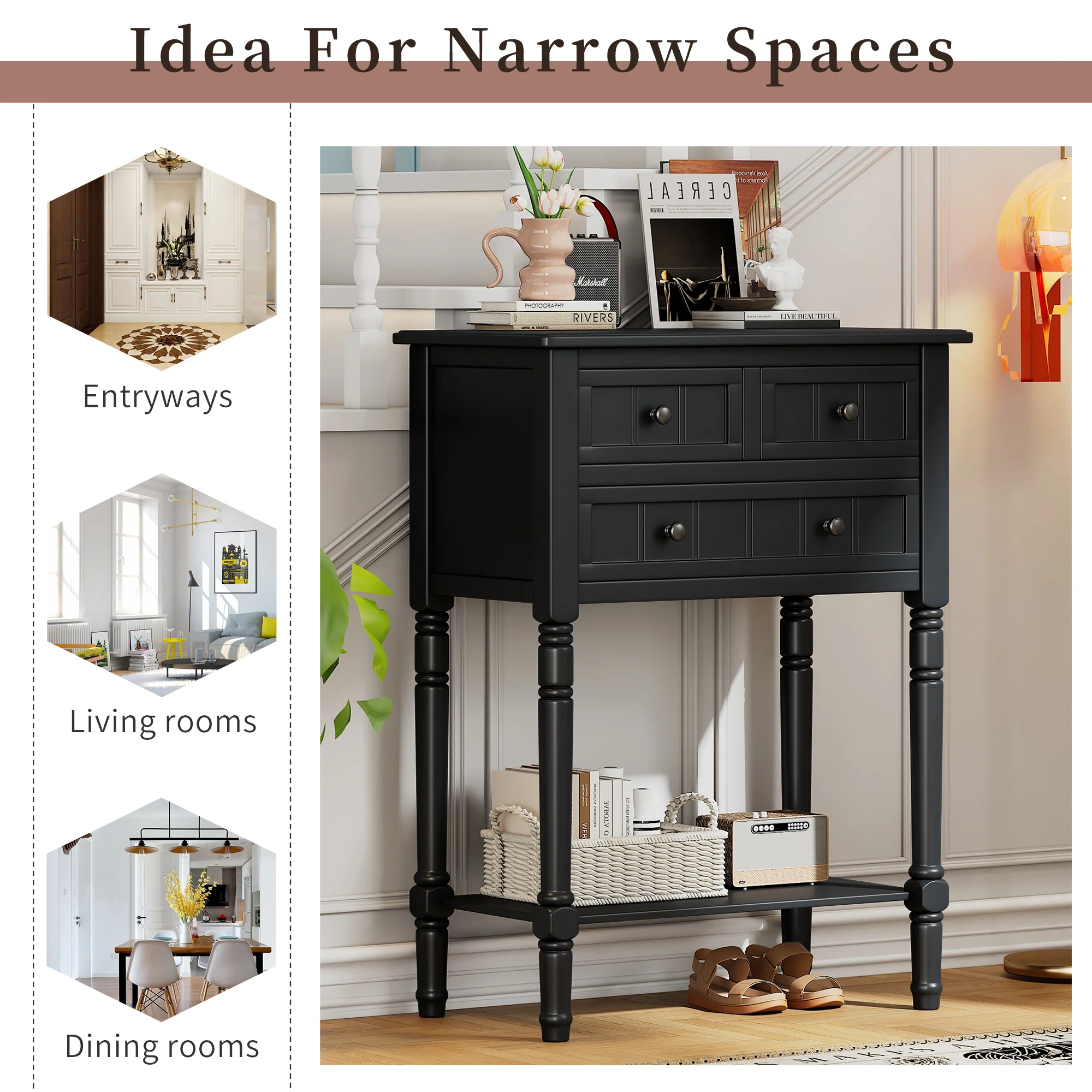 Conquest Narrow Console Table with 3 Drawers and Bottom Shelf