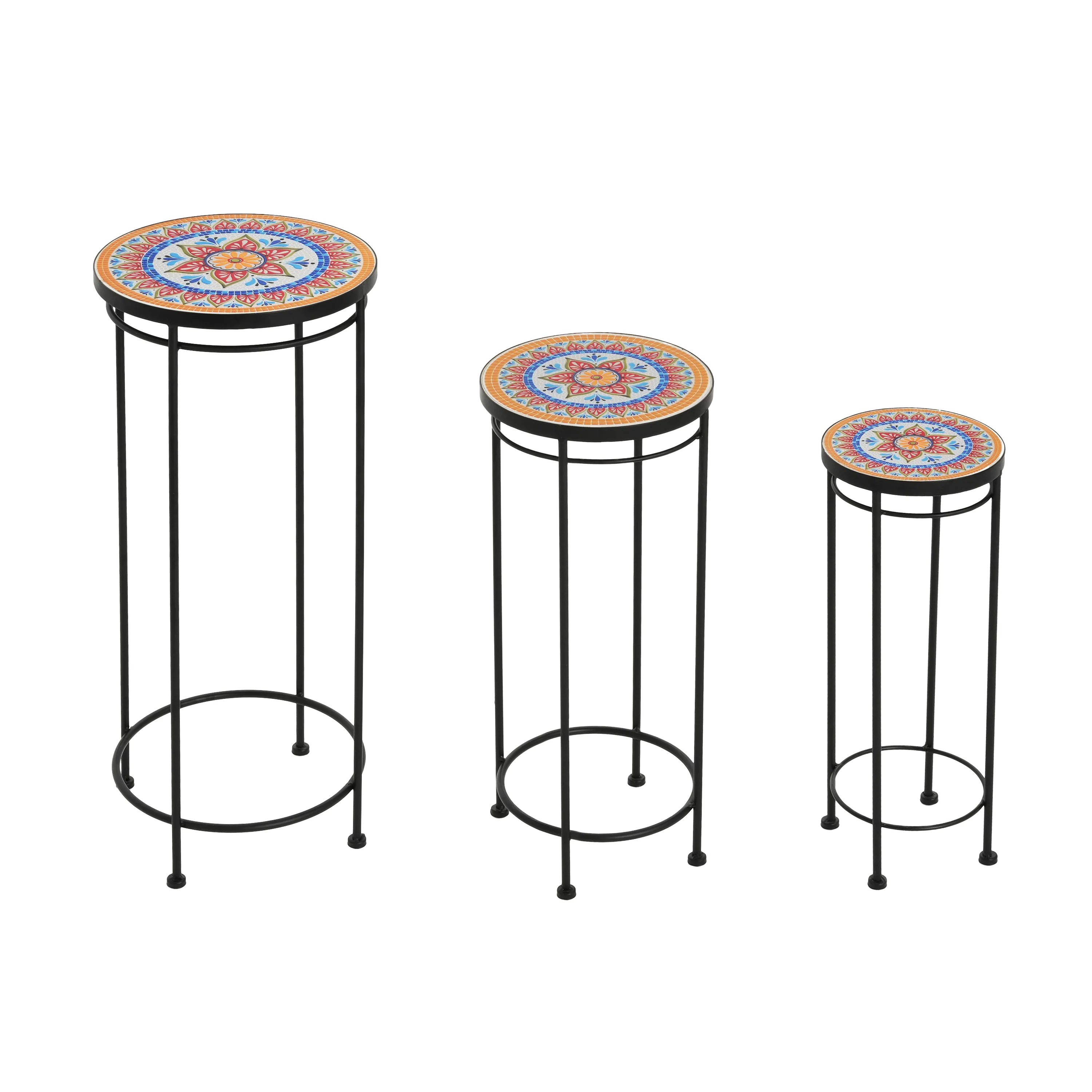 3-Piece Outdoor Ceramic Tile Plant Stand Set with Iron Frame
