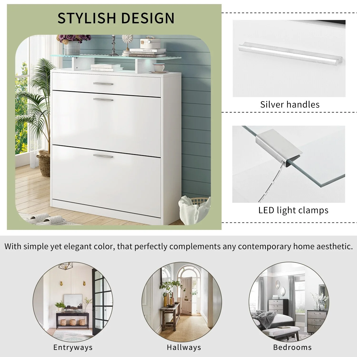 ON-TREND Slim Entryway Organizer with LED Light, two Flip Drawers, and Tempered Glass Top