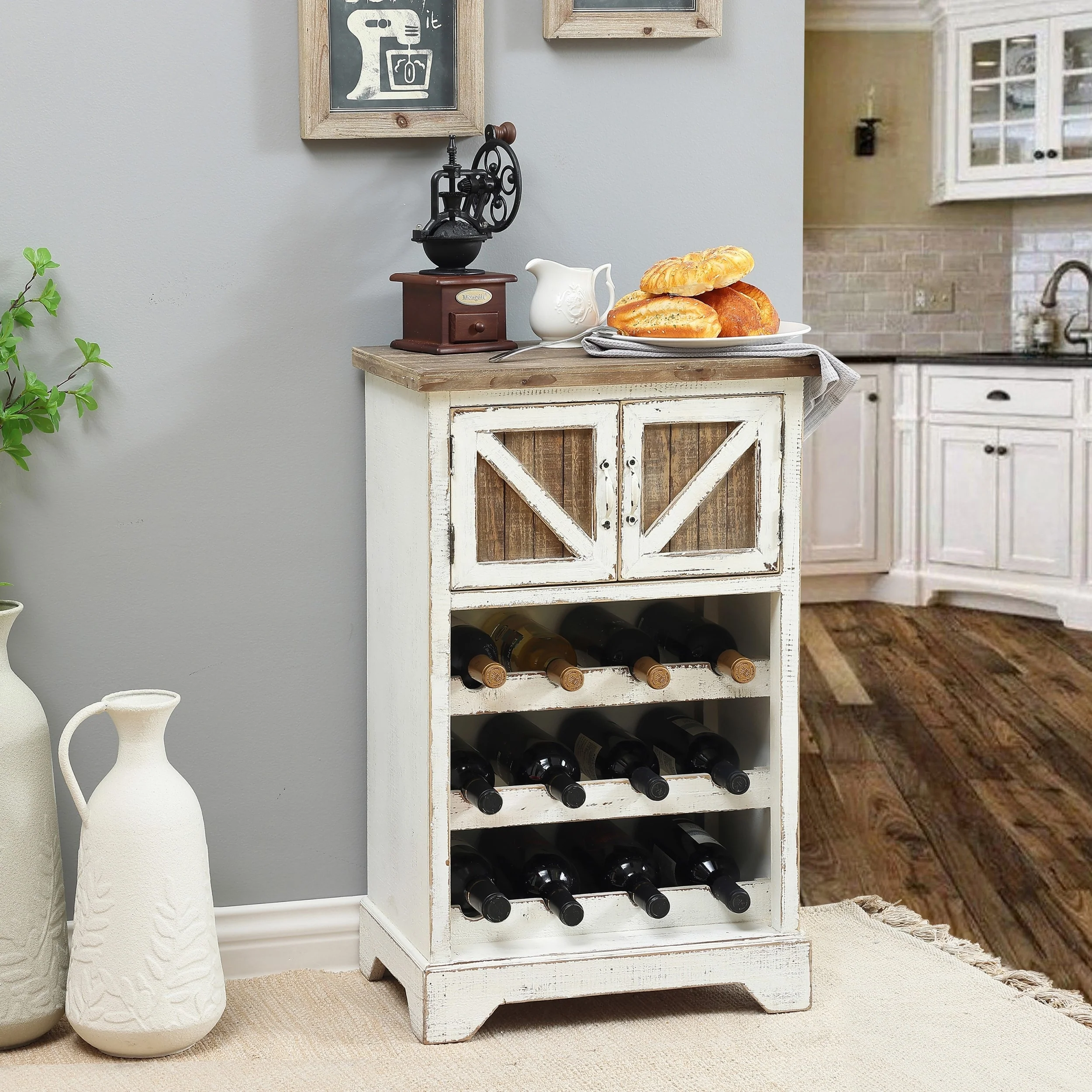 White and Natural Wood 2-Door Wine Cabinet - 30.9