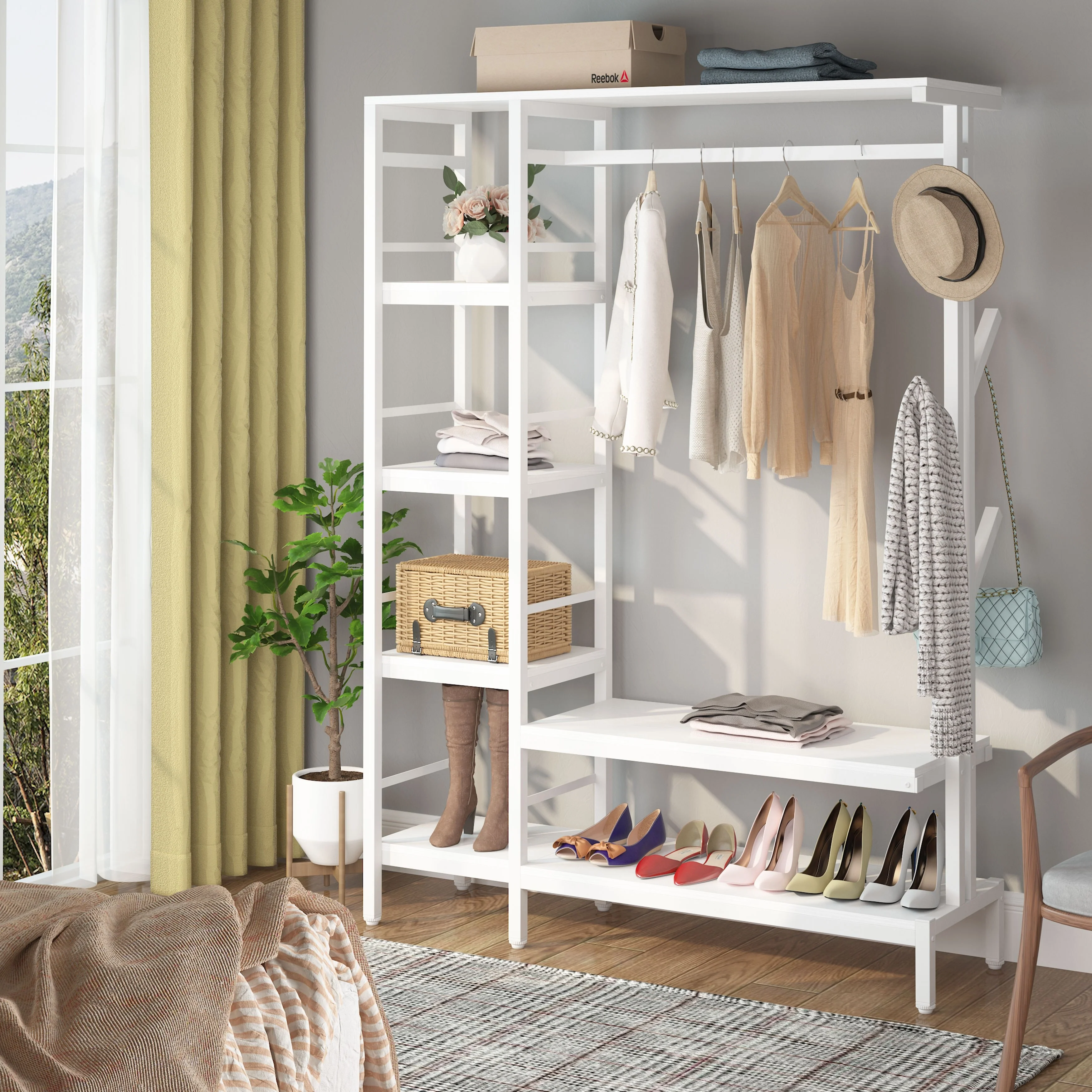 Free-standing Closet Organizer with Hooks, Garment Rack, Coat Rack with Shoe Bench