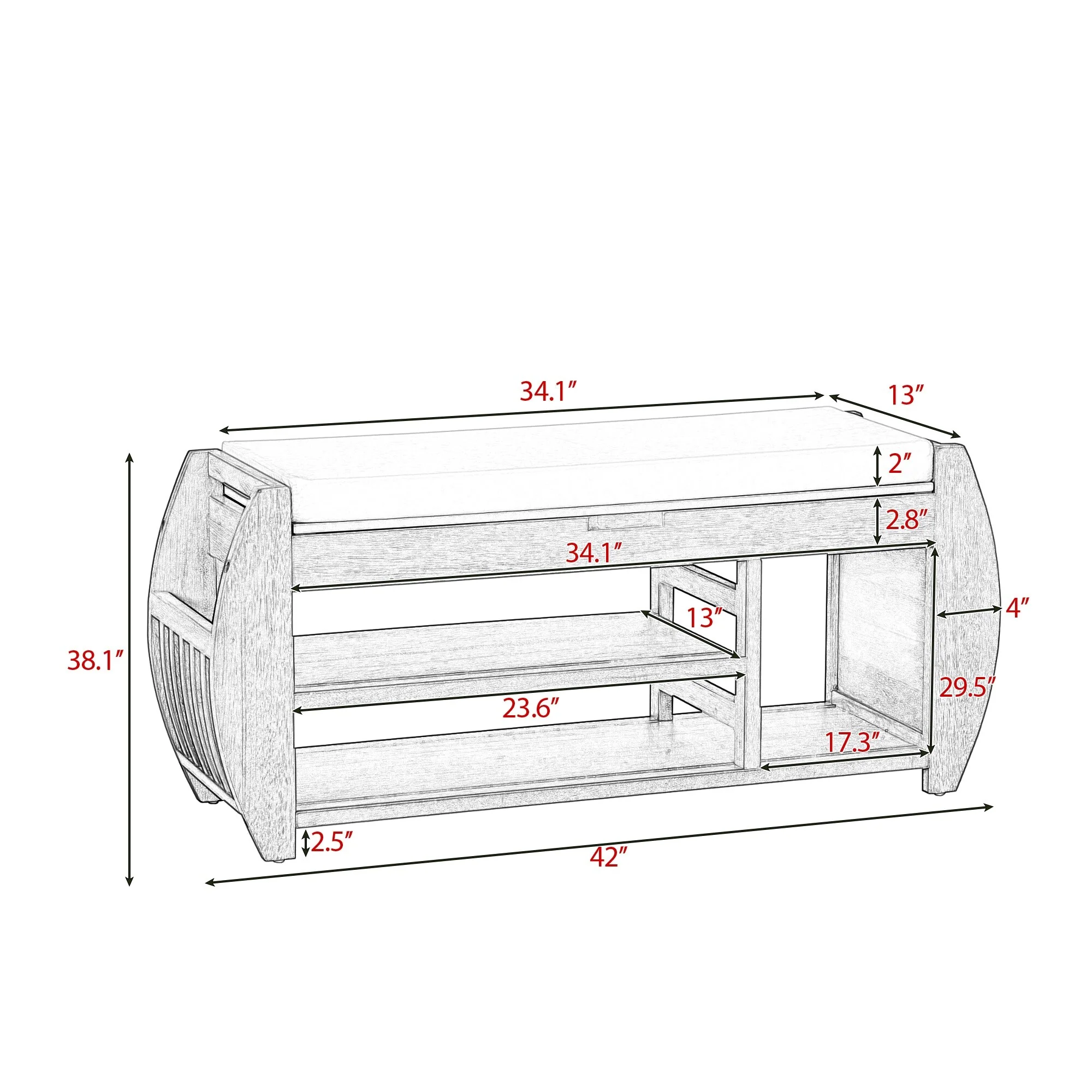 Multifunctional Storage Bench with Cushion and Curved Side Panel for Entrance and Living Room