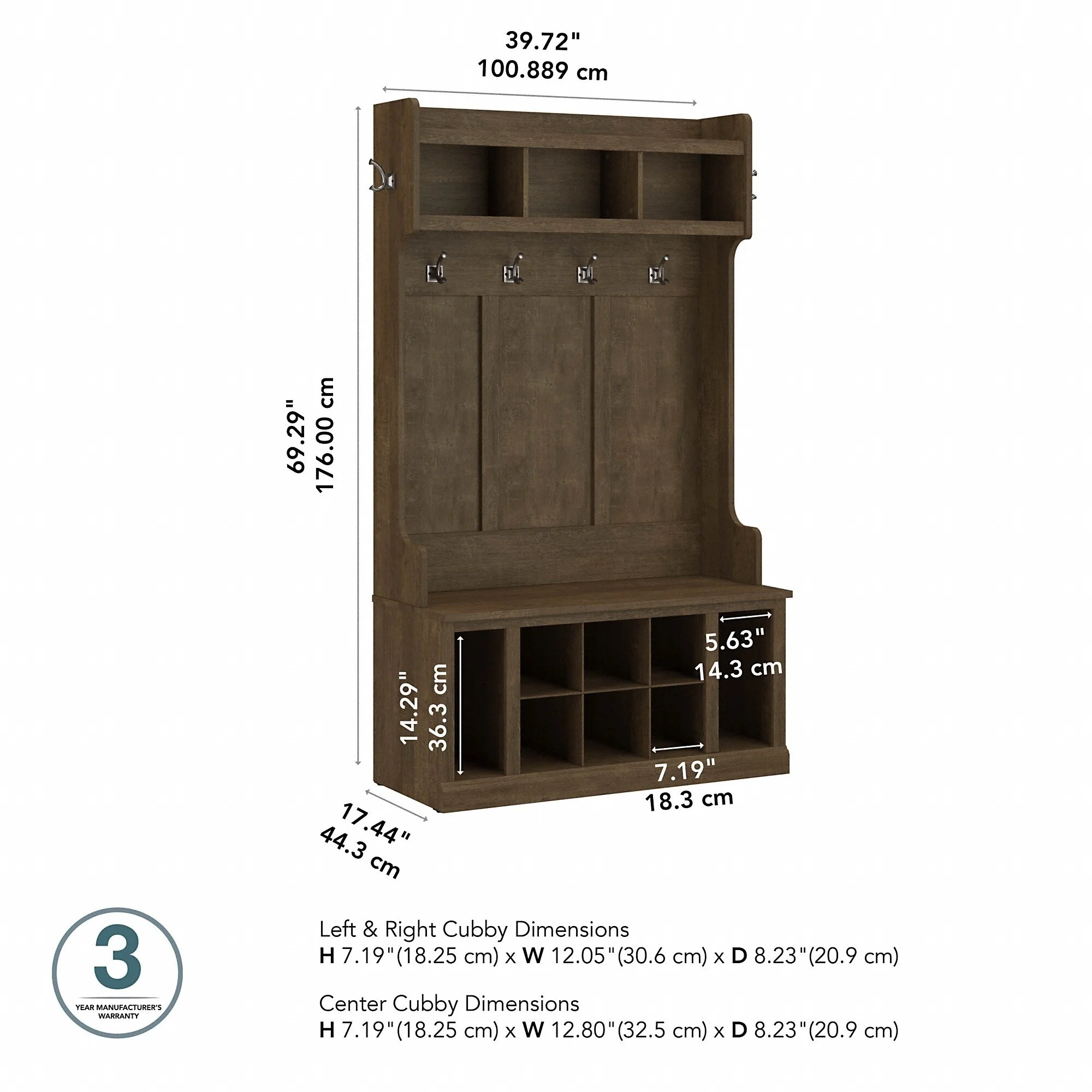 Woodland 40W Hall Tree and Shoe Bench with Shelves by Bush Furniture