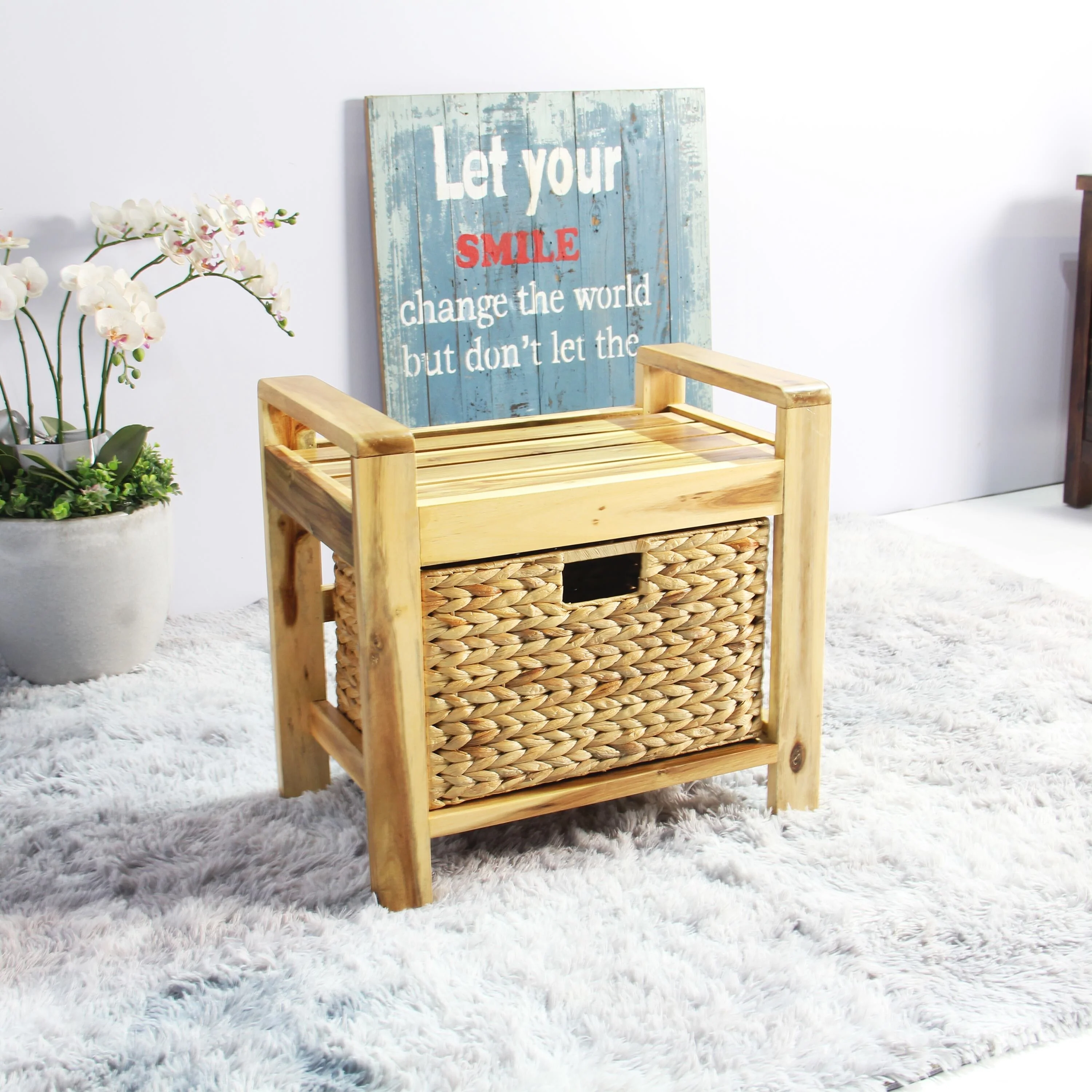 M4H Brae Solid Wood Natural Water Hyacinth Basket Storage Ottoman