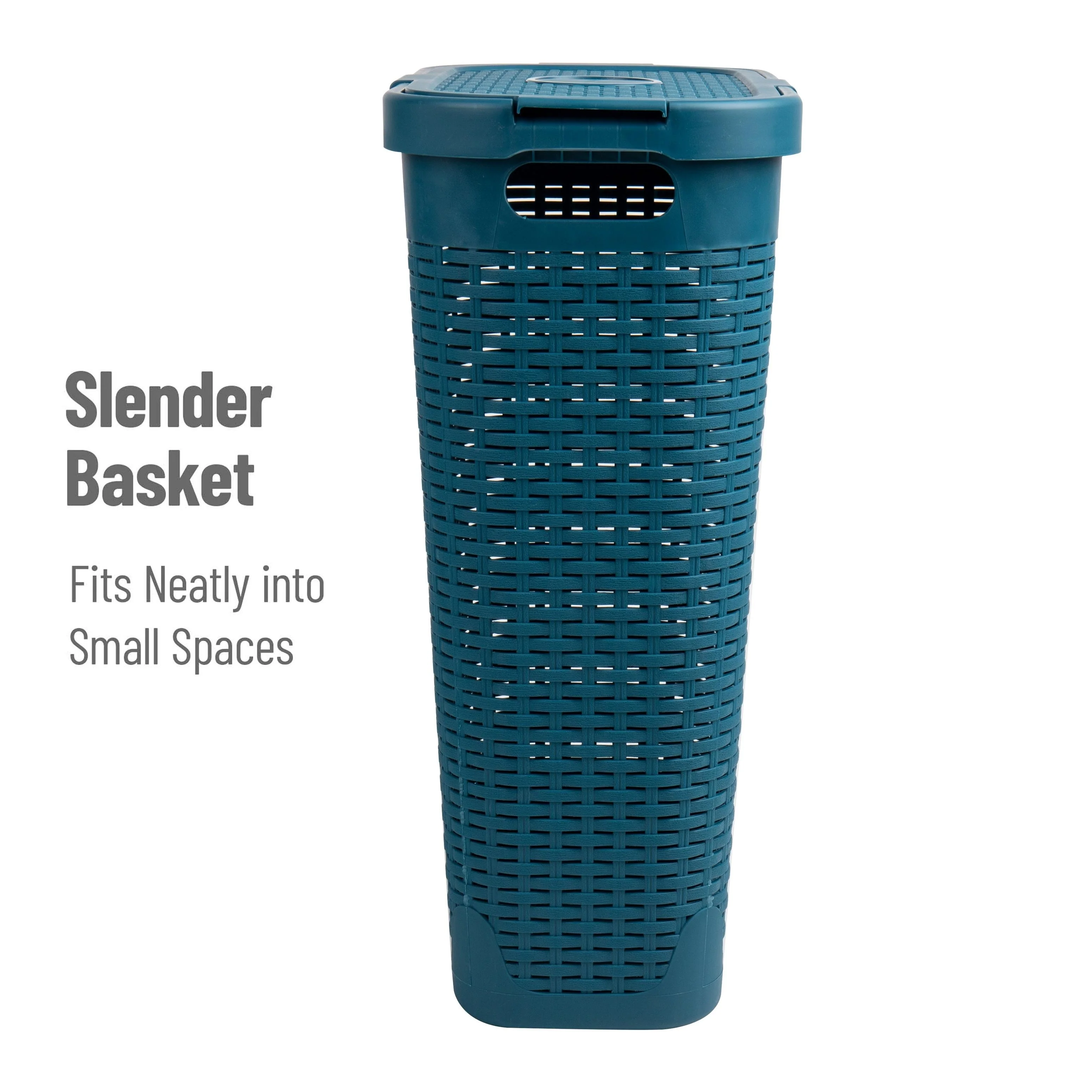 Mind Reader 40L Slim Laundry Hamper, Clothes Basket, Lid, Wicker Design, Plastic, 18