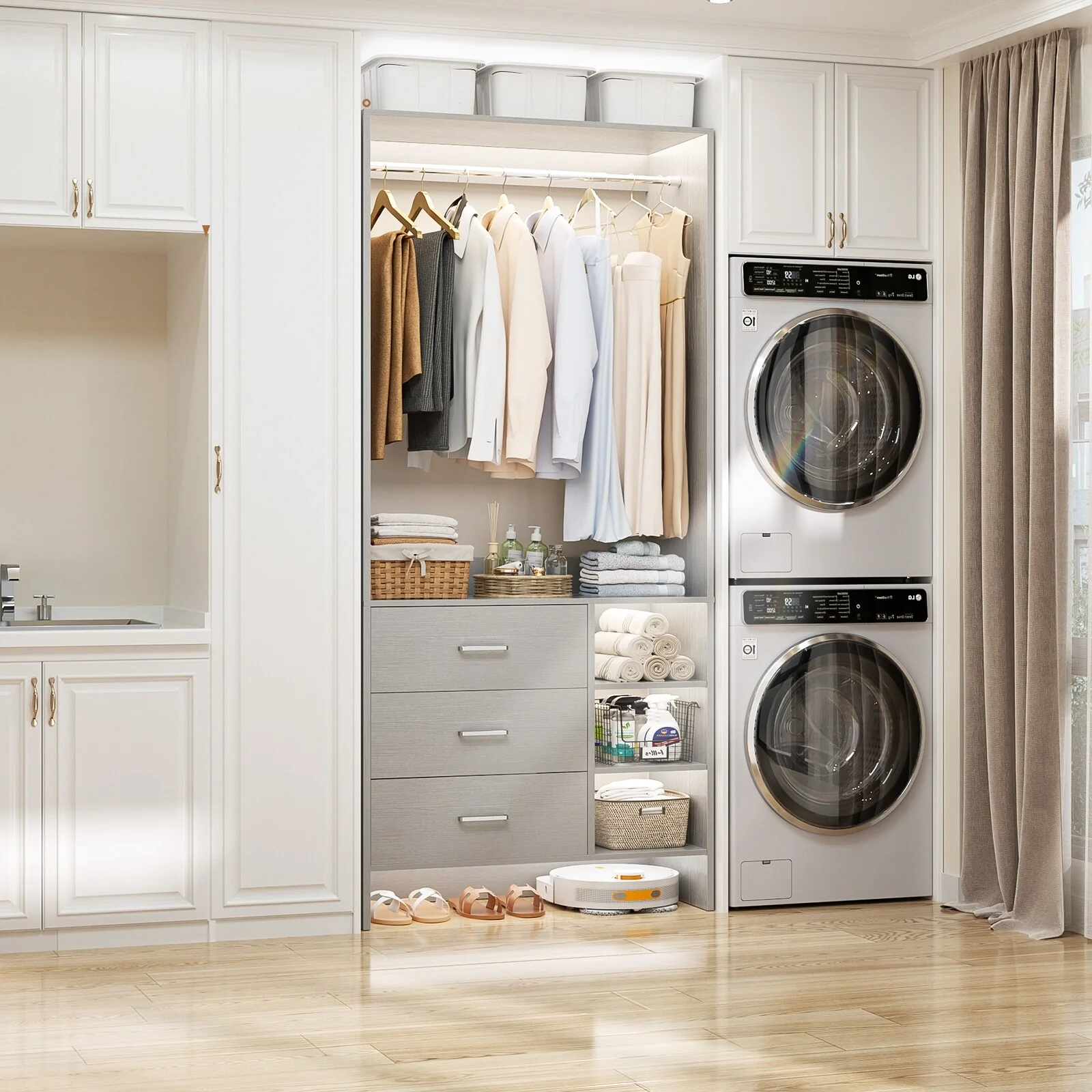 Cimly 30'' W Freestanding Closet Sytem with Hanging Rod, Closet Organizer with Drawers and Shelves