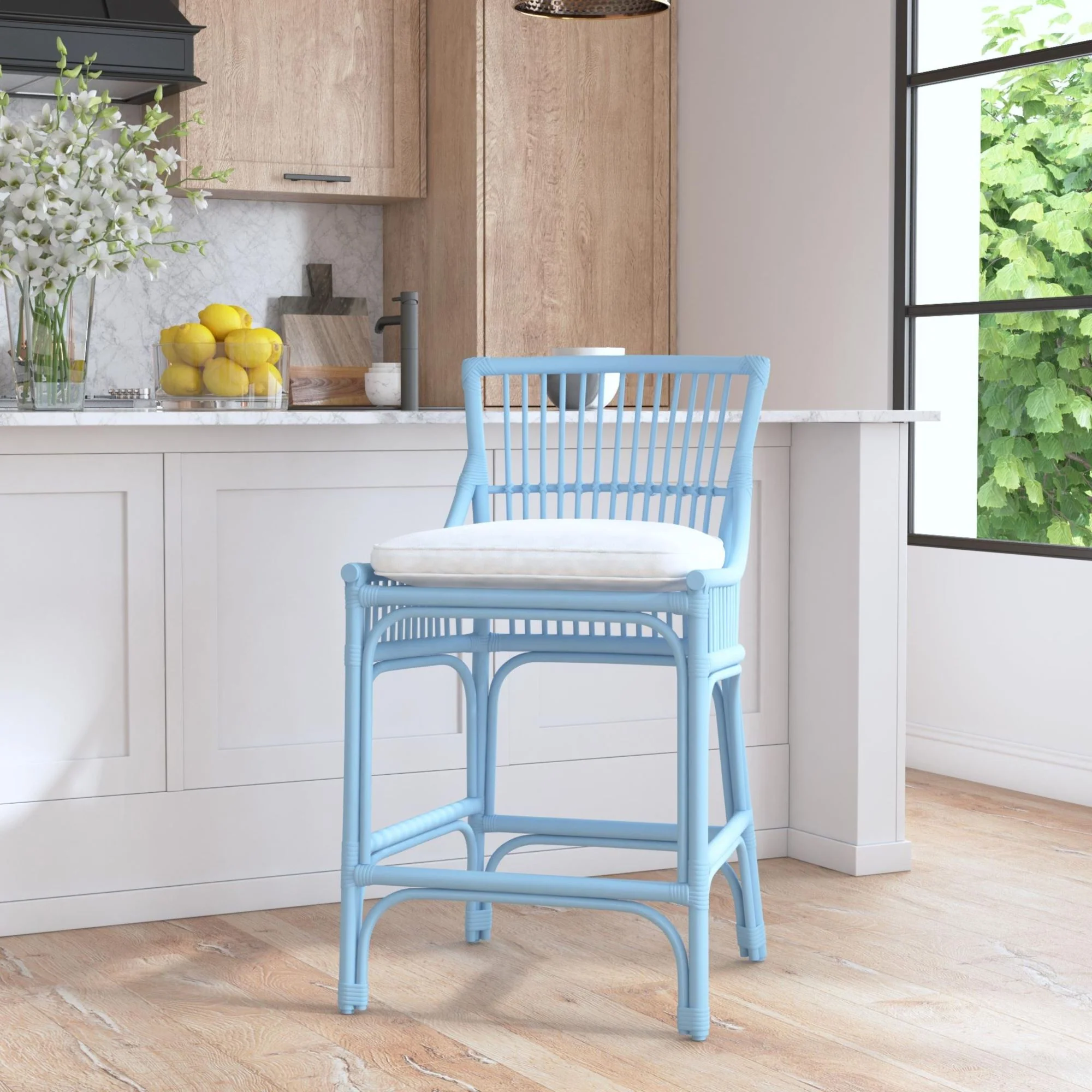 Rattan Slat Back Counter Stool Light blue