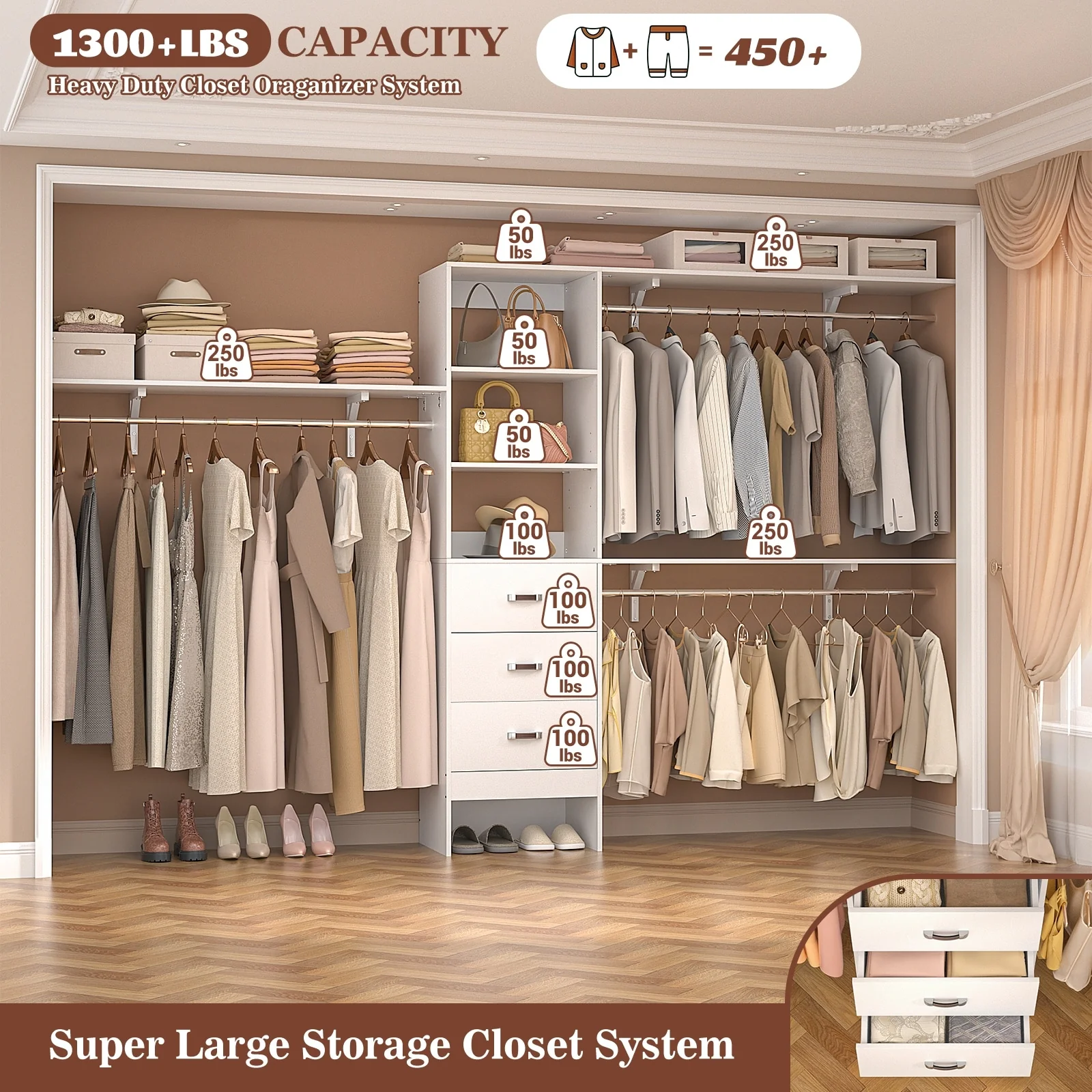 Rackcog 120'' Closet Organizer with Drawers, Closet System with DIY Shelves for Reach-in and Walk-in Closet