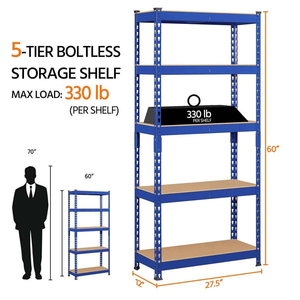 Yaheetech 5 Tiers Boltless Storage Shelf 330lb Capacity for Each Tier,Metal Frame MDF Wood Boards