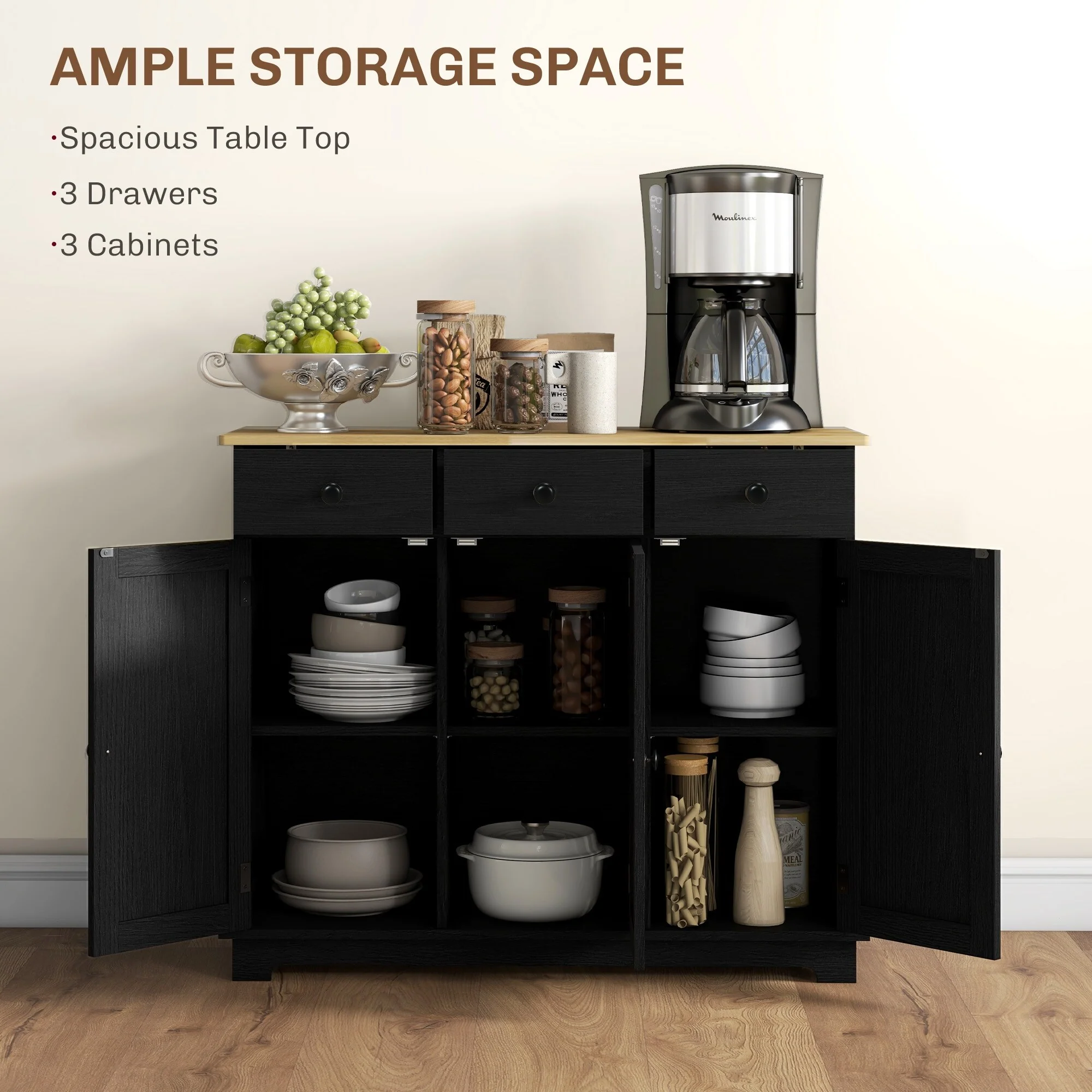 HOMCOM Sideboard with Solid Wood Countertop, Modern Kitchen Storage Cabinet, Coffee Bar Cabinet with 3 Drawers