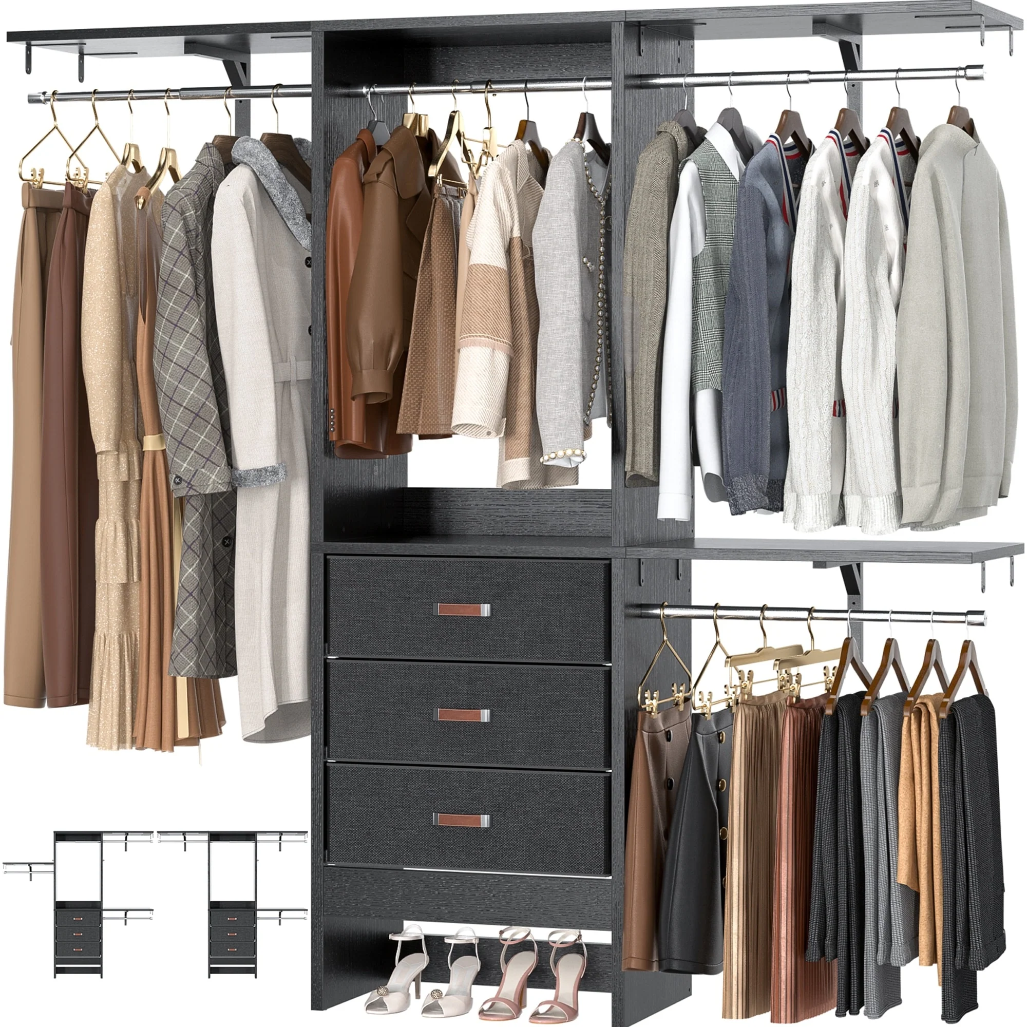 4FT Kid‘s Closet System with Fabric Drawers, DIY Closet Organizer with Adjustable Hanging Rods
