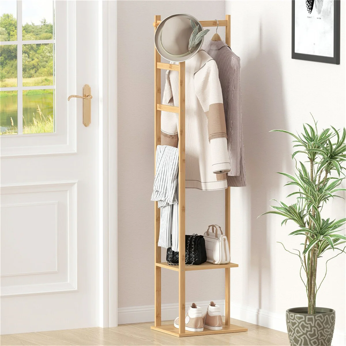 4 in 1 Bamboo Freestanding Entryway Coat Rack Stand with Storage Hooks - N/A