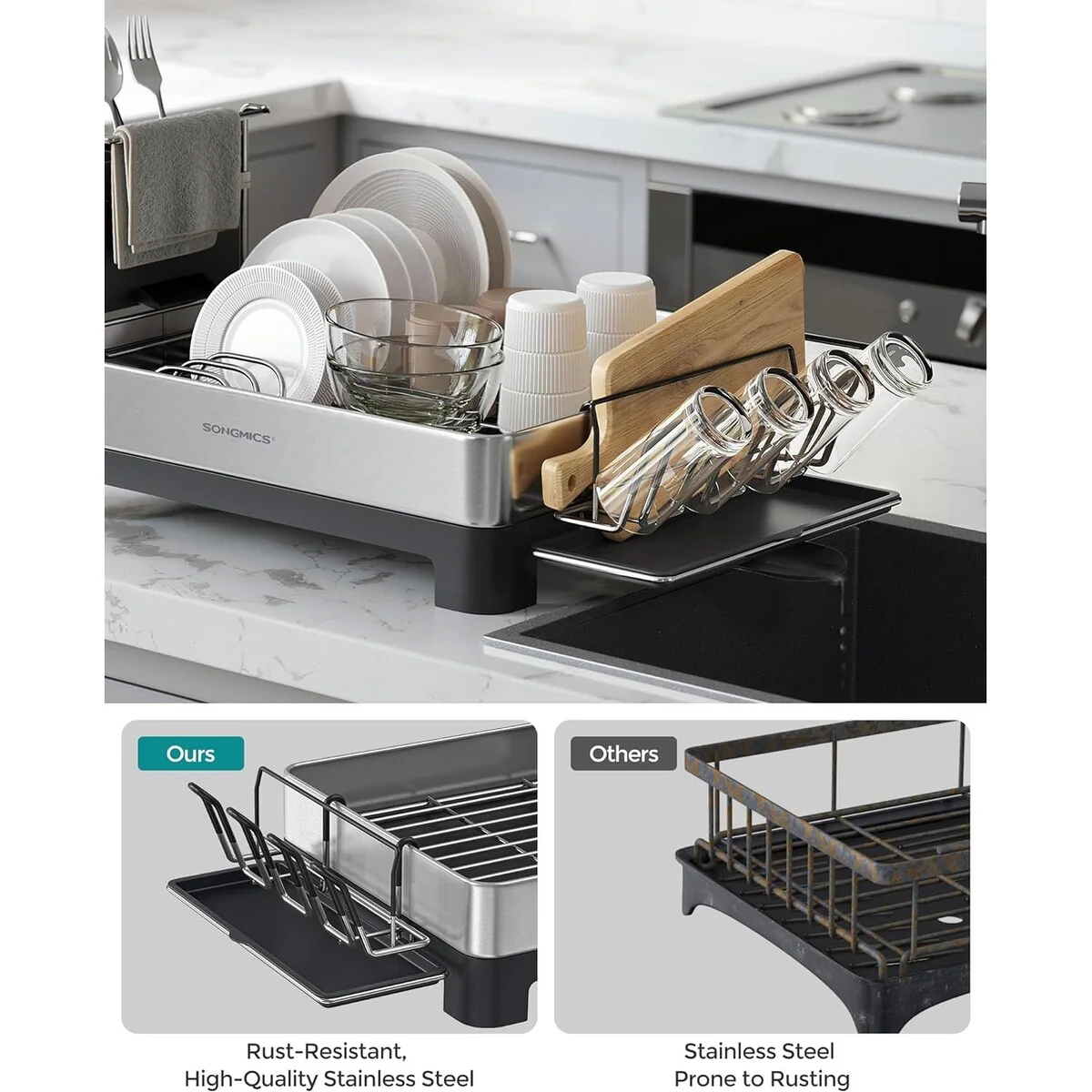 SONGMICS Dish Drying Rack, Stainless Steel Dish Rack with Rotatable Spout, Drainboard, for Kitchen