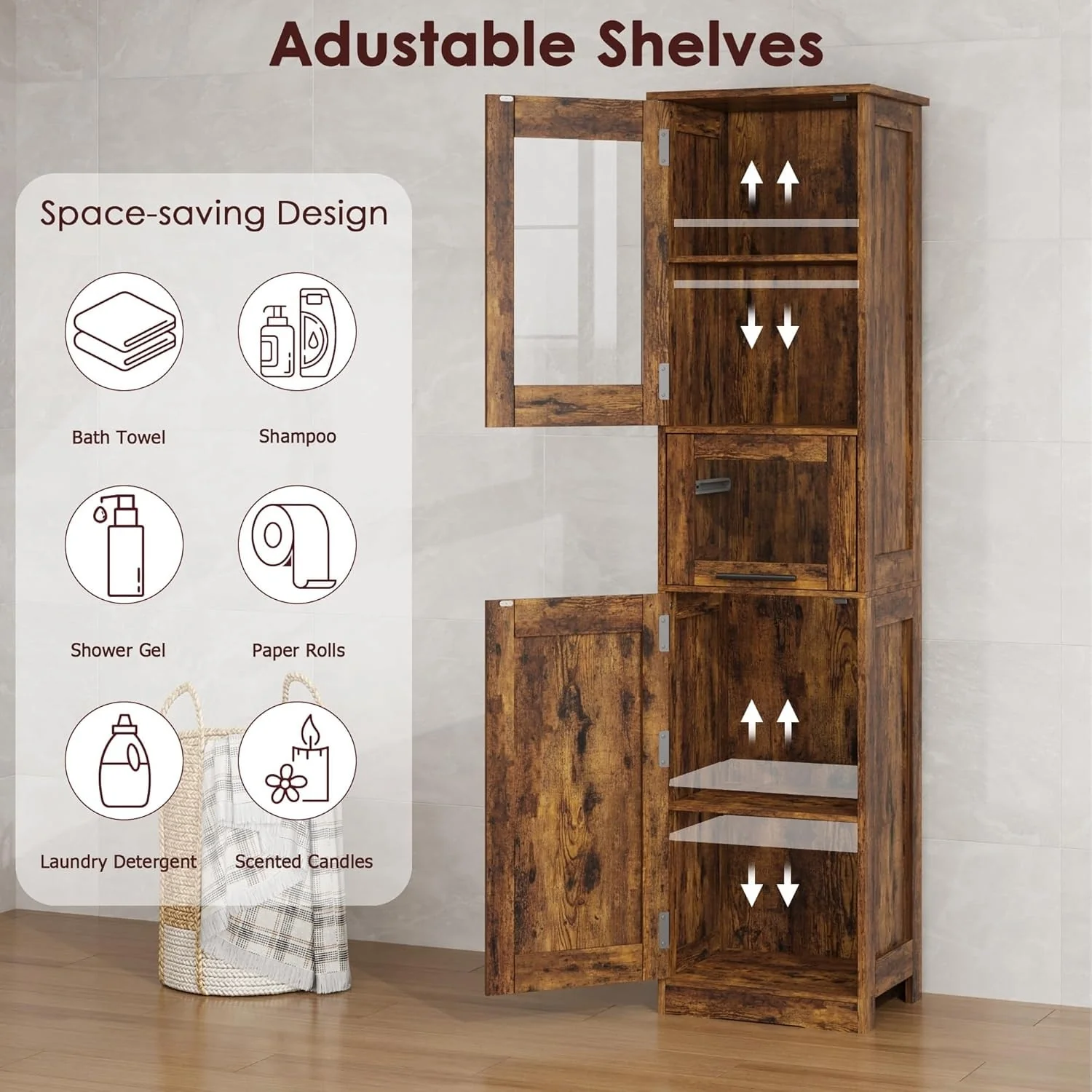 Tall Bathroom Cabinet, Linen Storage Cabinet with Doors and Adjustable Shelves and Drawer