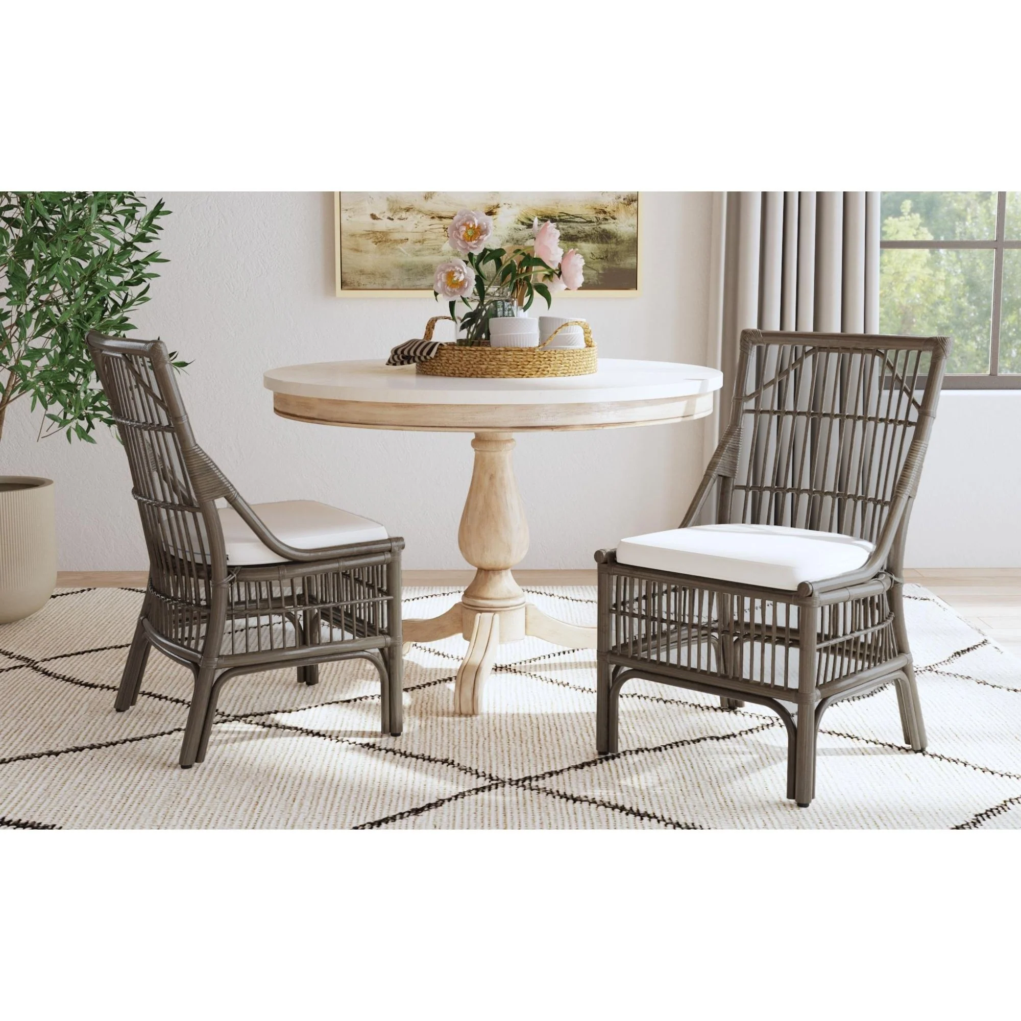 Rattan Slat Back Gray Dining Chair, Set of 2
