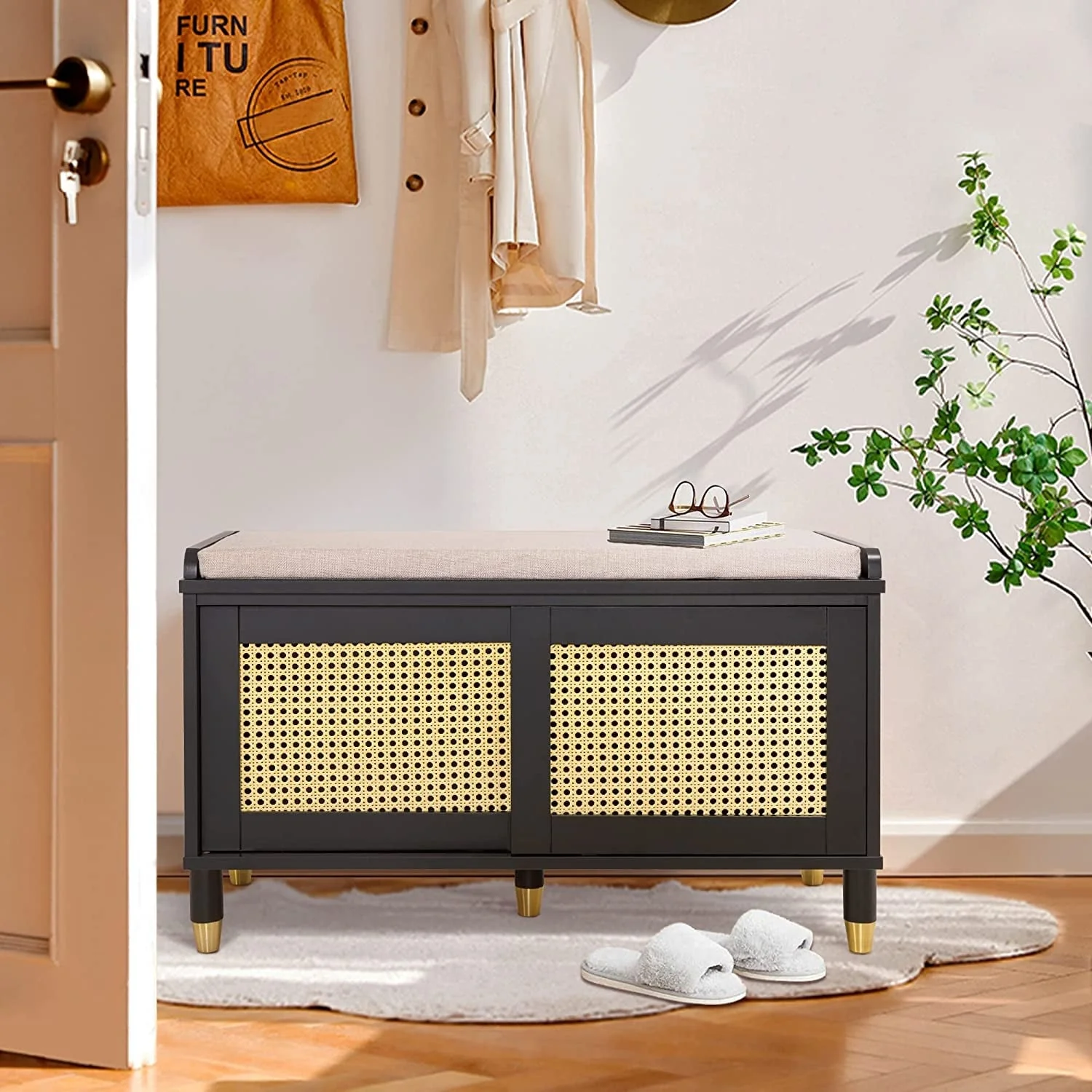 Shoe Storage Bench Cabinet Rattan Style Shoe Cabinet for Entryway