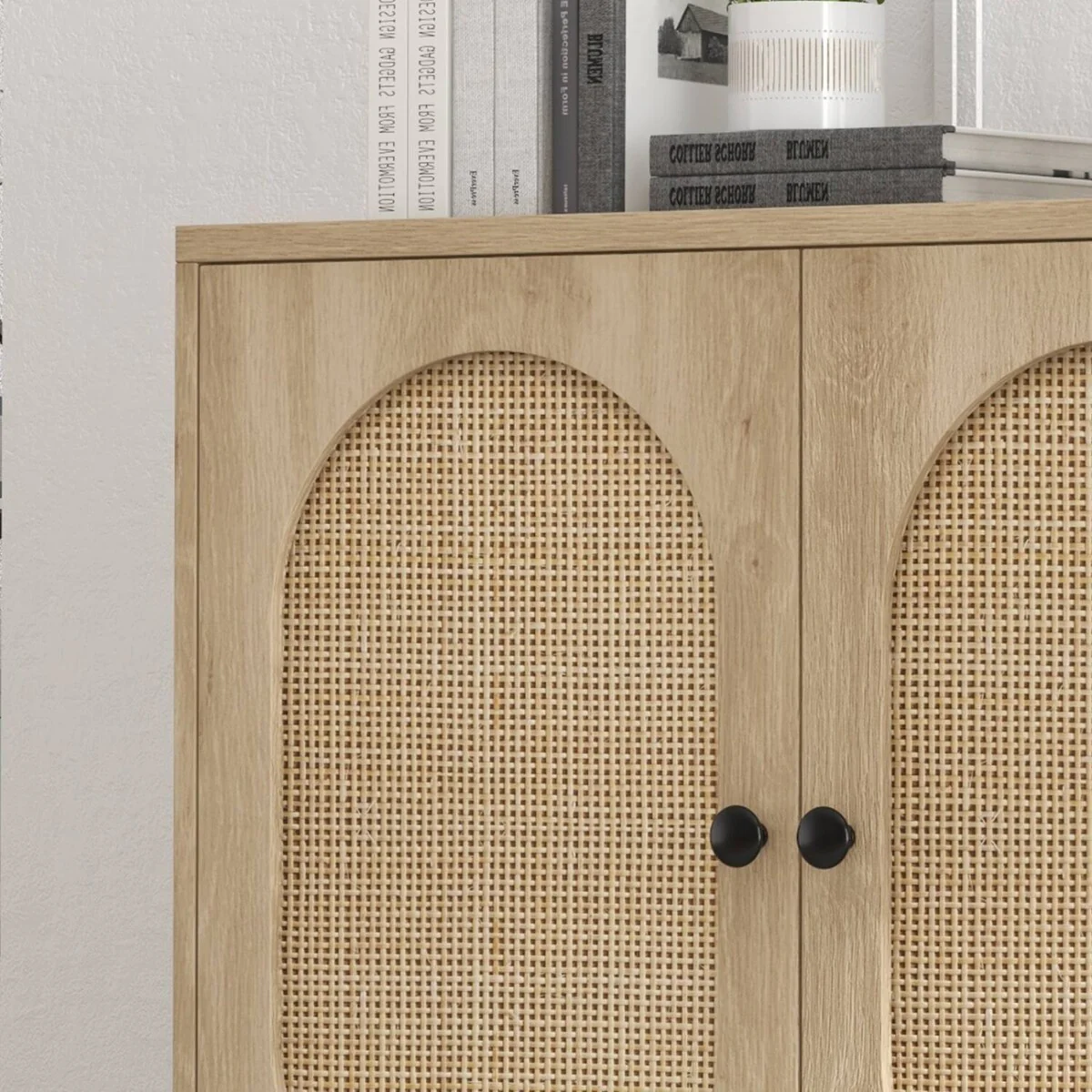 Beige Rattan Storage Cabinet with Doors and Shelves - N/A