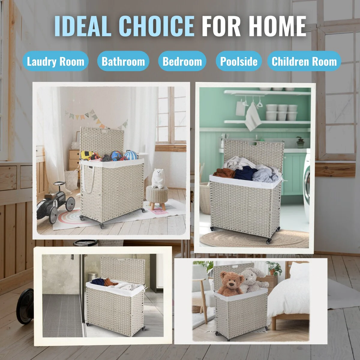 Laundry Hamper with Wheels, 160L Rattan Hampers & 2 Removable Liner Bags, Laundry Basket with Lid - 27