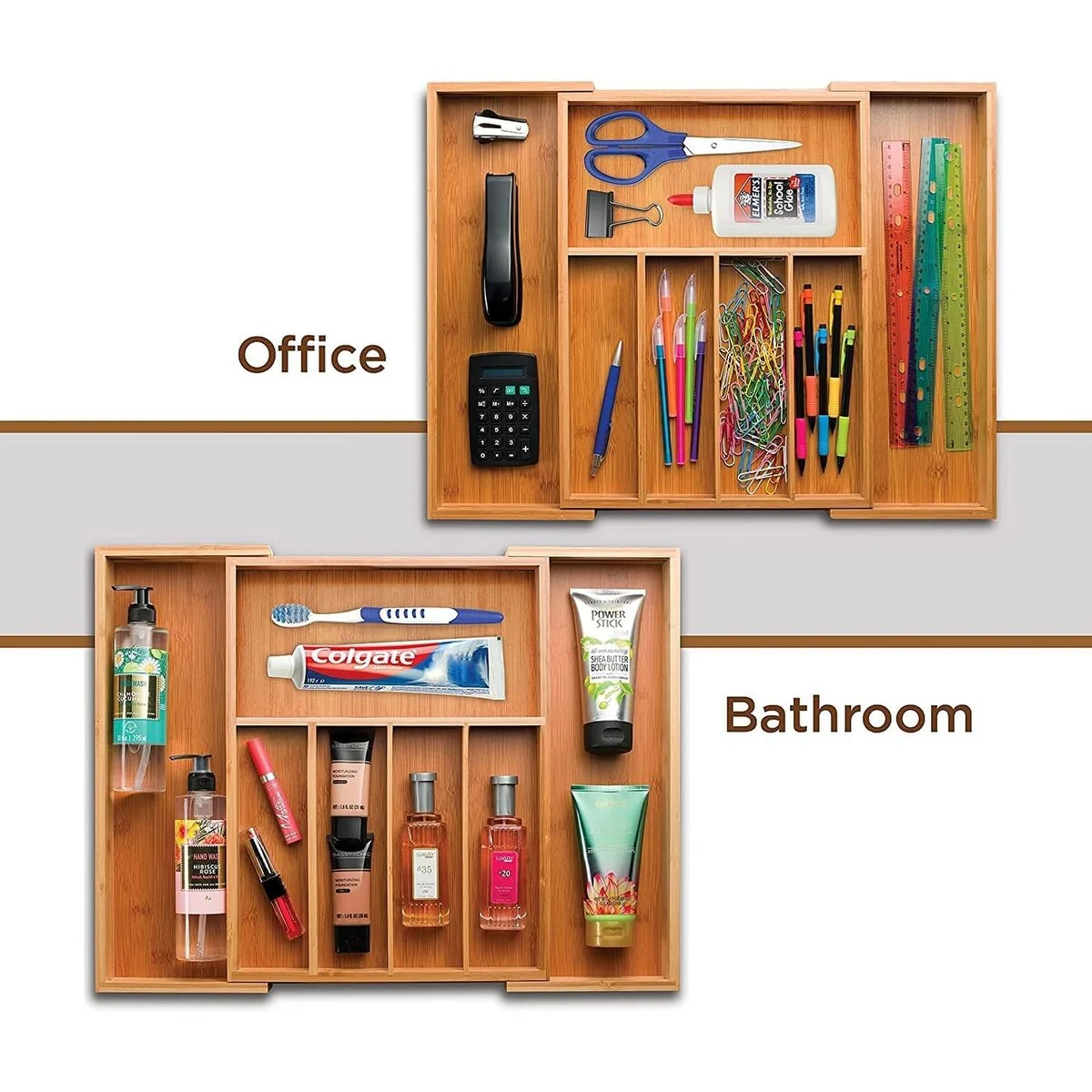 Utensil Organizer - Bamboo Expandable Silverware Organizer, Utensil Holder & Cutlery Tray with Divider and Removable Knife Block