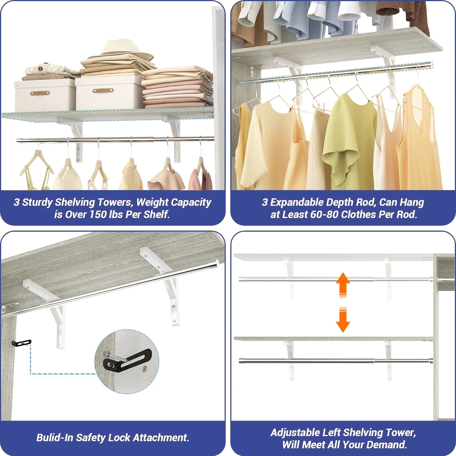 Rackcog 20-96'' W Closet System Starter Kit, Sturdy DIY Closet Organizer with 3 Winged Storage Shelves