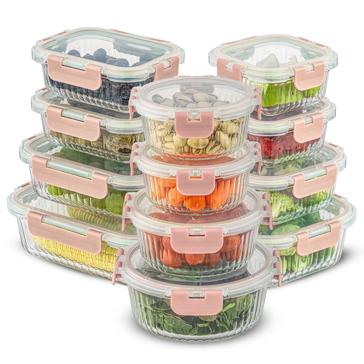 JoyJolt 24-Piece Fluted Glass Food Storage Container Set with Lids - 13.5 oz. 20.5 oz. 32 oz. 5.2 in. 5.9 in. 6.75 in.
