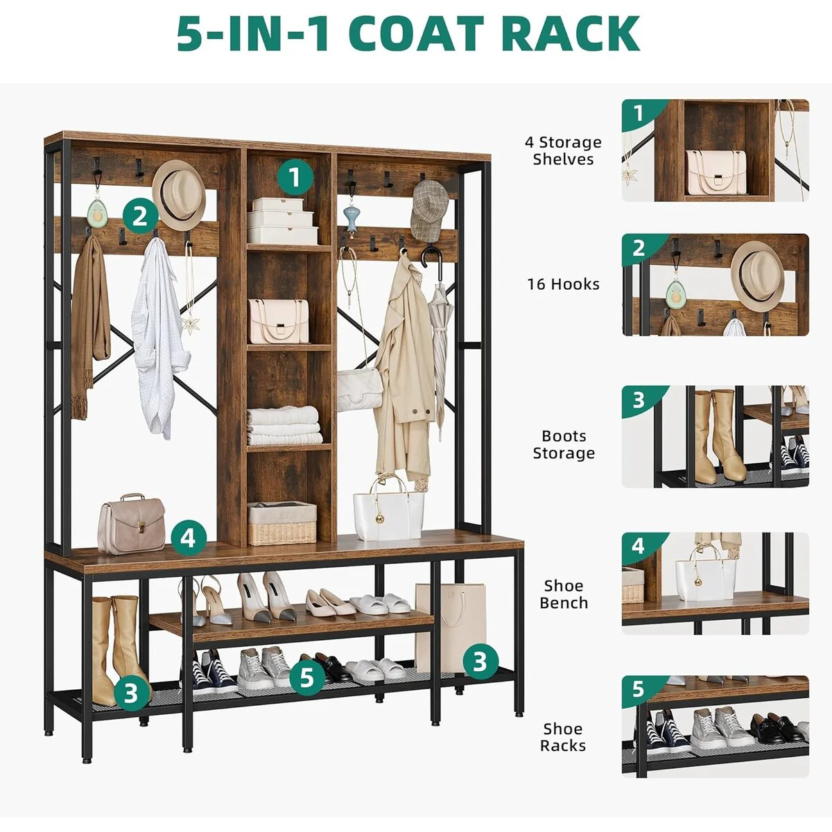 Moasis 5-in-1 Entryway Coat Rack Shoe Bench, Industrial Hall Tree Coat Shoe Rack with Hutch