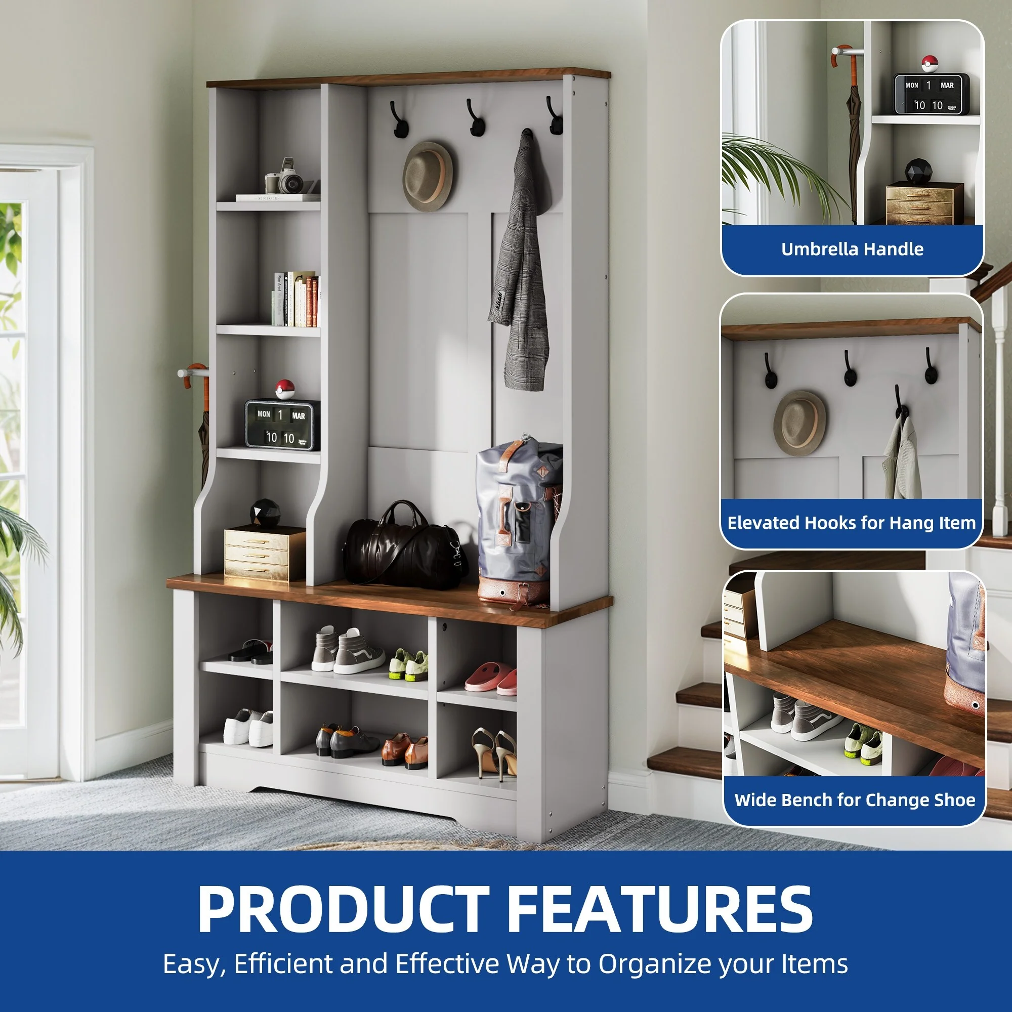 Moasis Farmhouse Hall Tree with Bench and Shoe Storage with 10 Hooks for Entryway