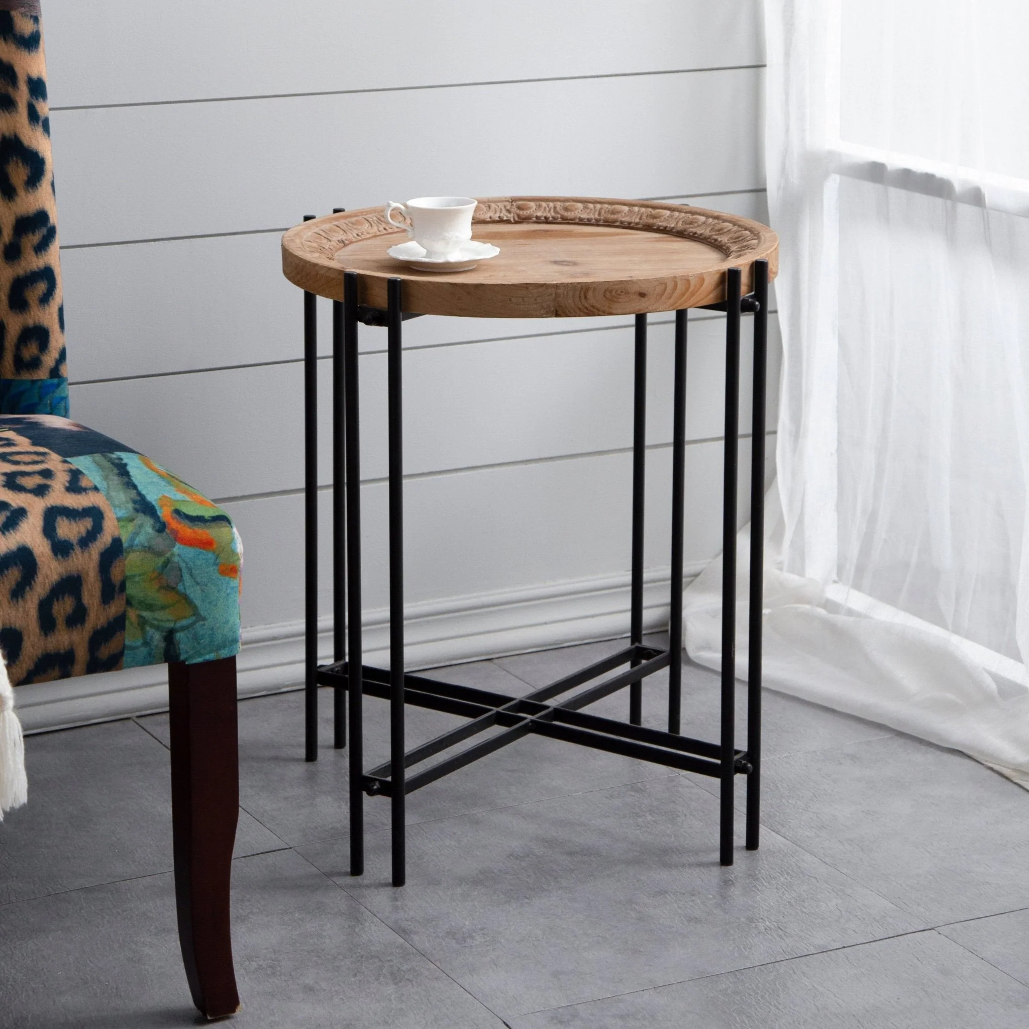 Side Table with Wooden Top and Metal Legs