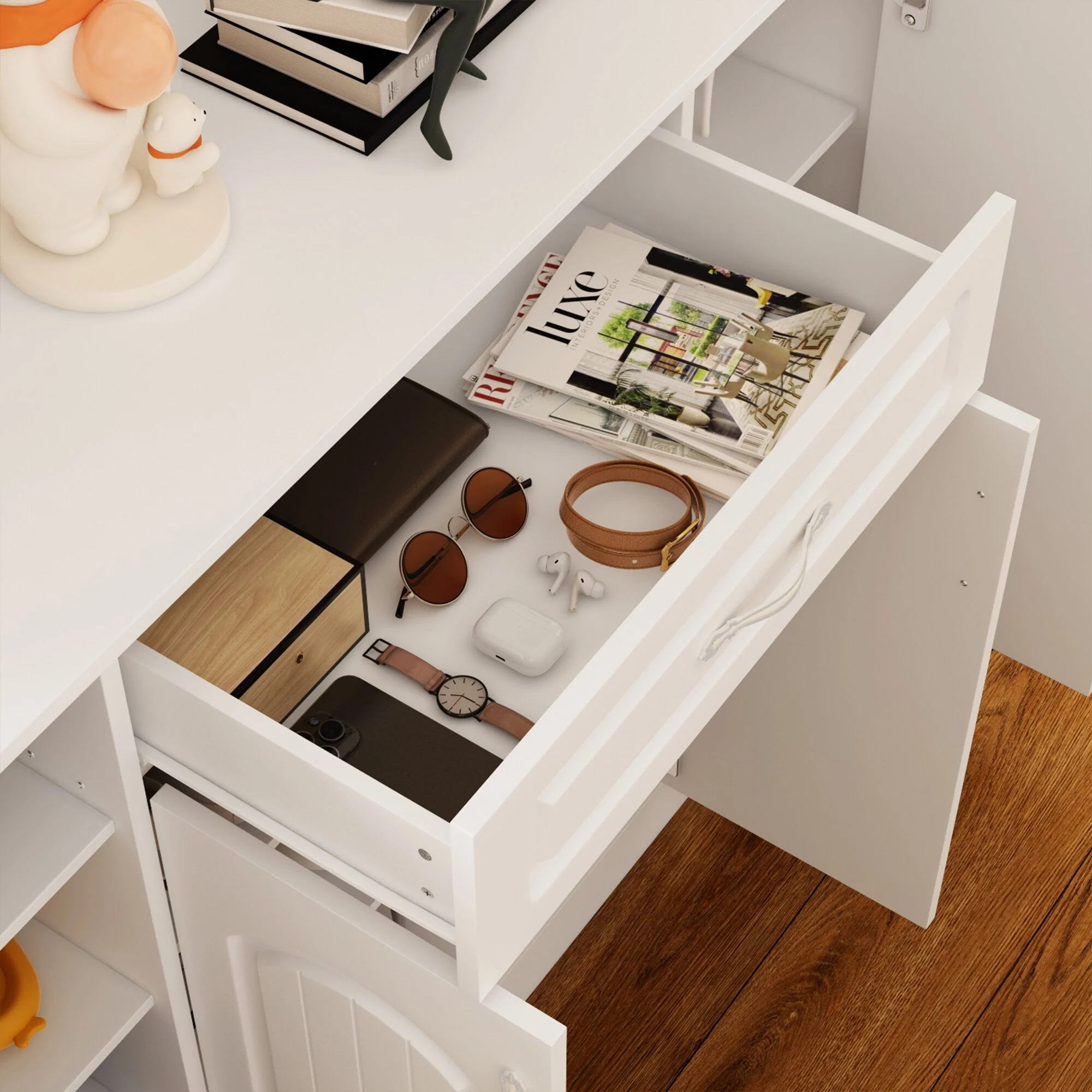 Multi-Functional White Shoe Cabinet with Adjustable Shelves Entryway