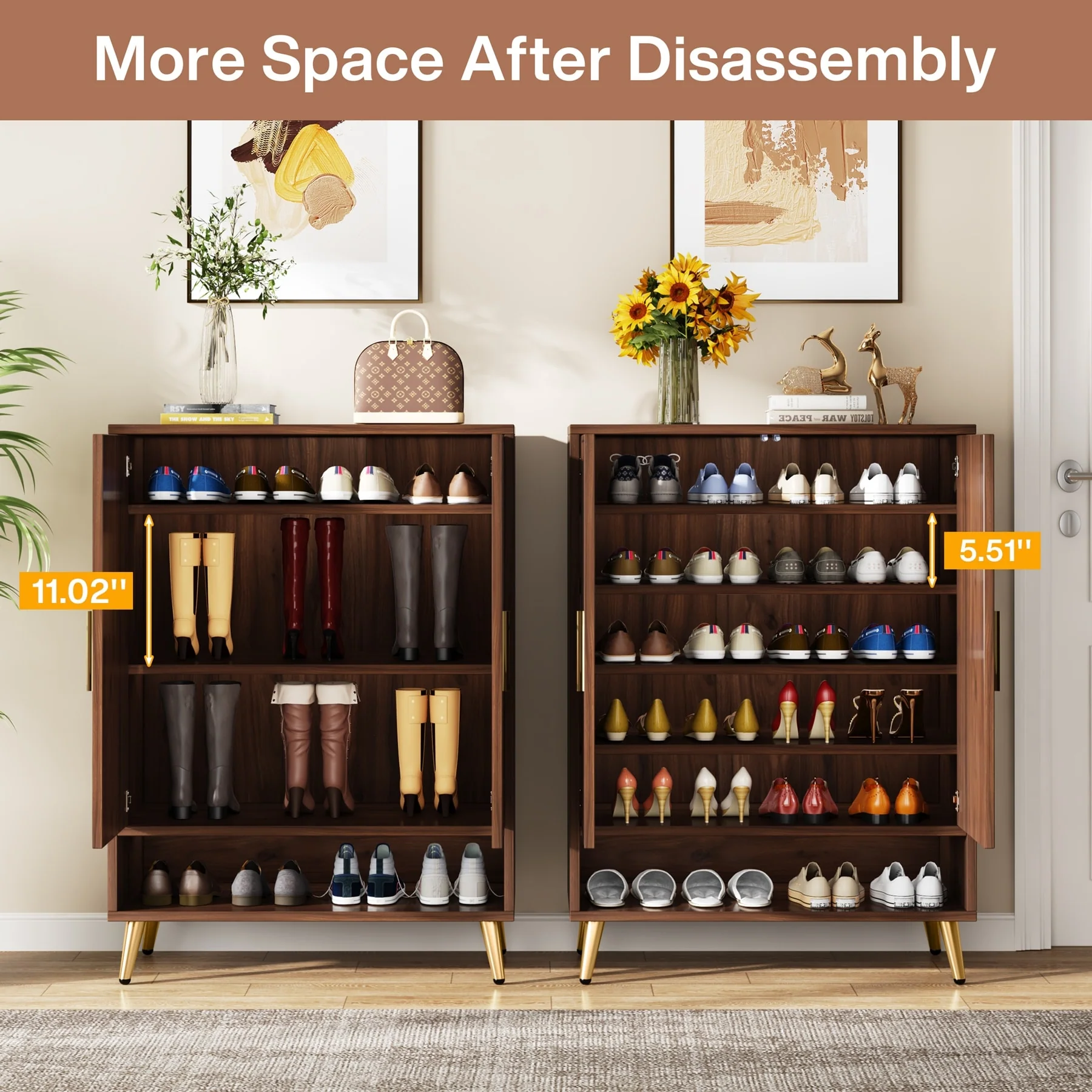 Walnut Shoe Cabinet, 6-Tier Wooden Shoe Organizer with Stable Leg