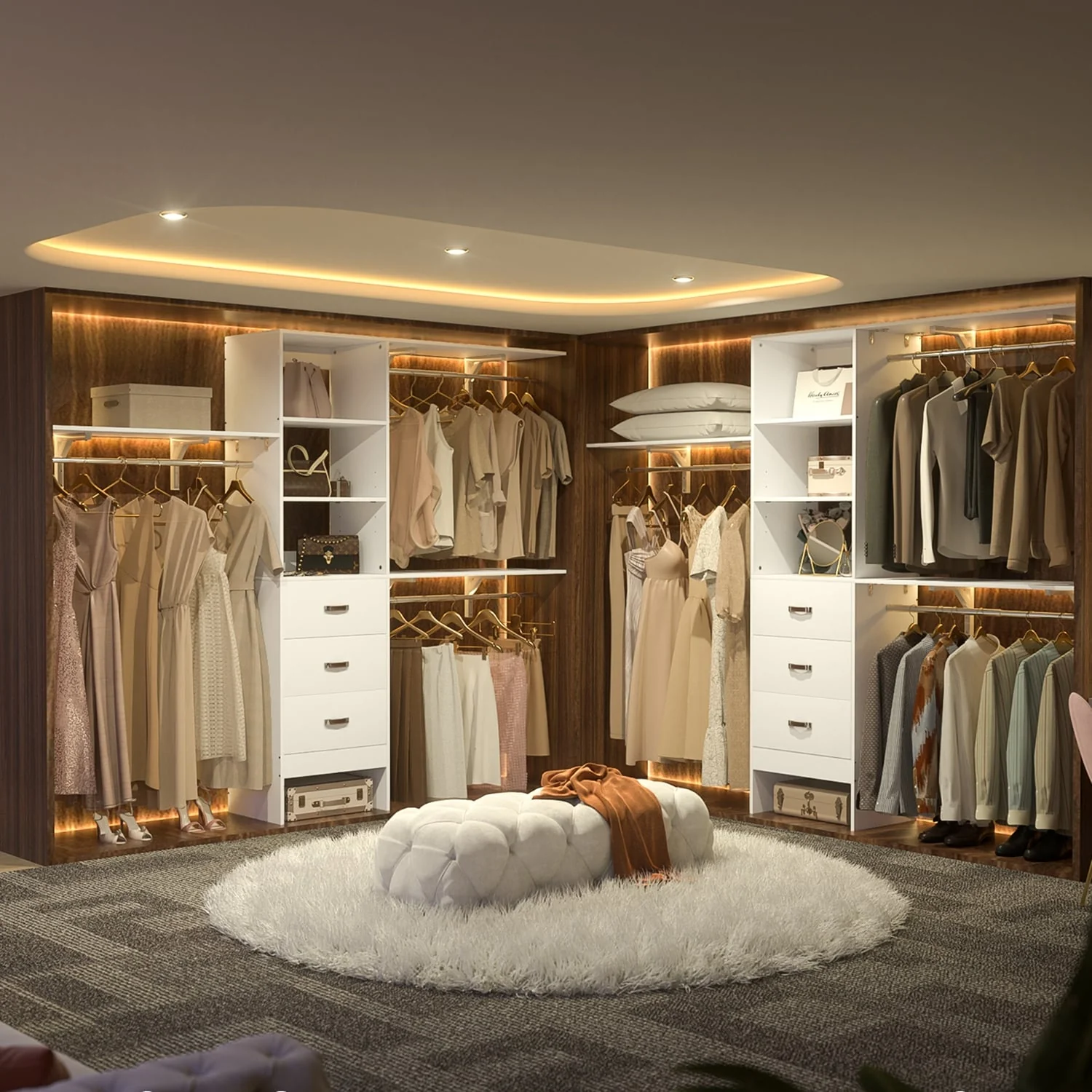 20.2'' - 96'' W Closet Organizer with Drawers, Closet System with Hanging Rods and Adjustable Shelves
