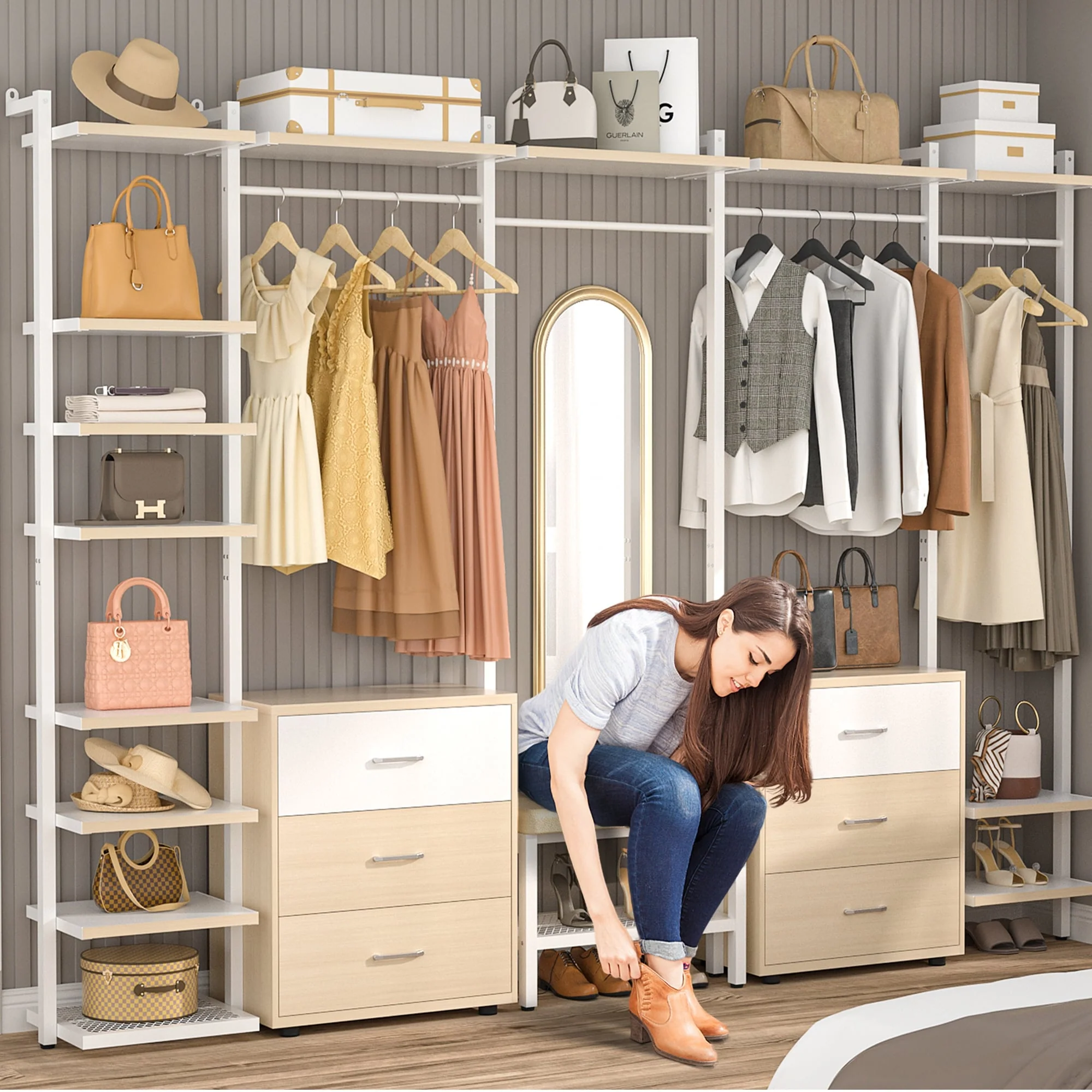 Walk in Closet System with 6 Closet Drawers, 96'' Multifunctional Clothes Rack Closet Organizer