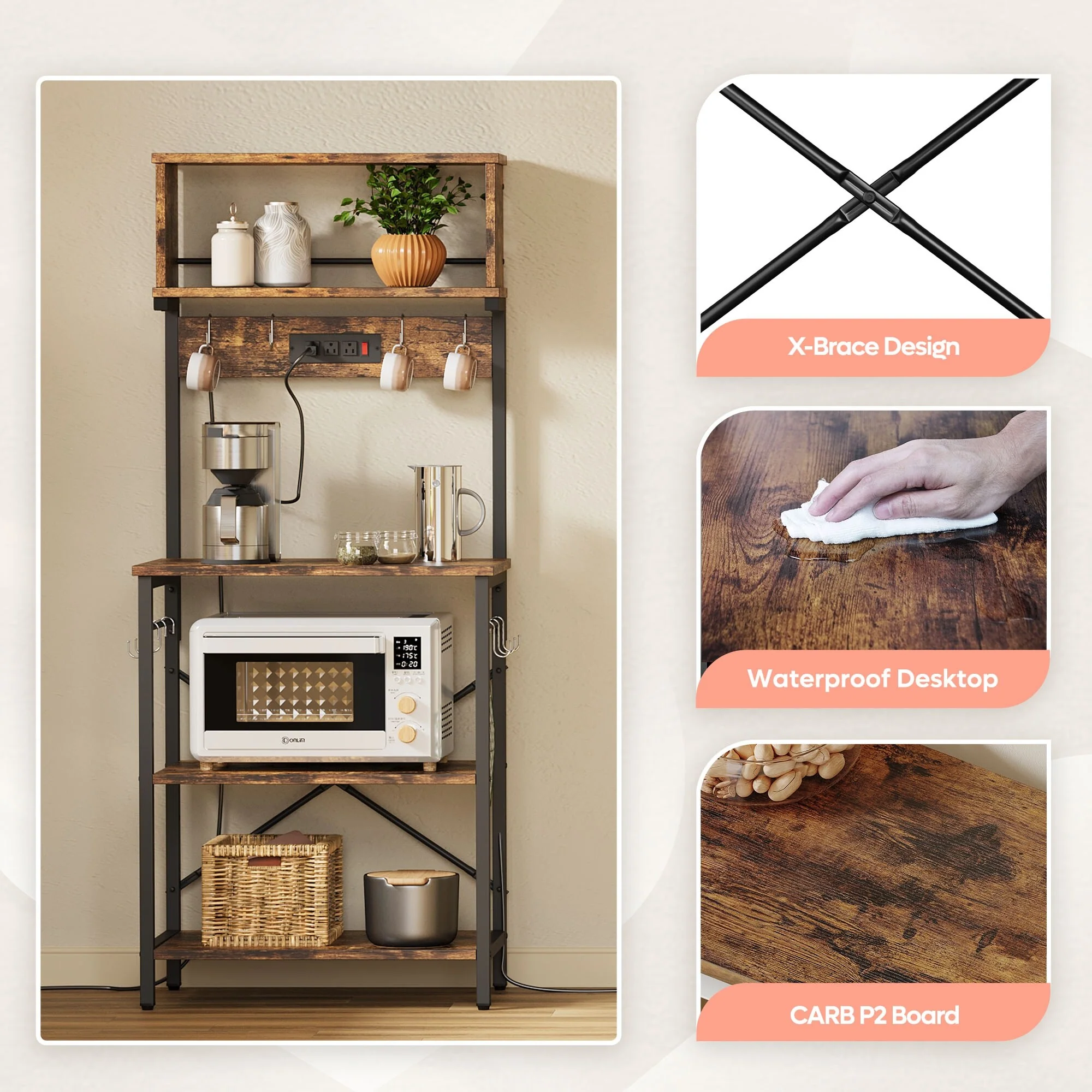 60 Inch Kitchen Baker's Rack with Hutch 8 Side Hooks