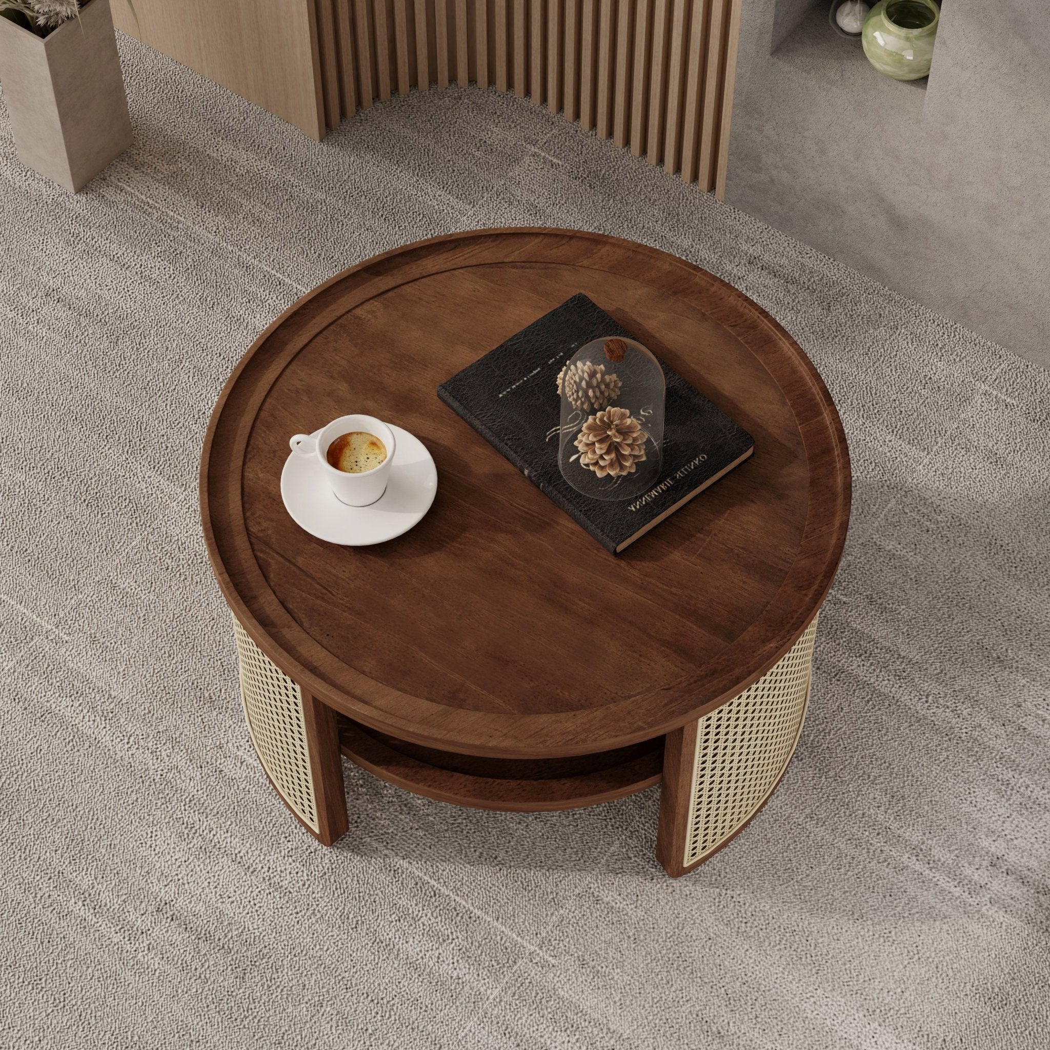Wintered 2-Tiered Coffee Table with Rattan Base and Curved Edge Design
